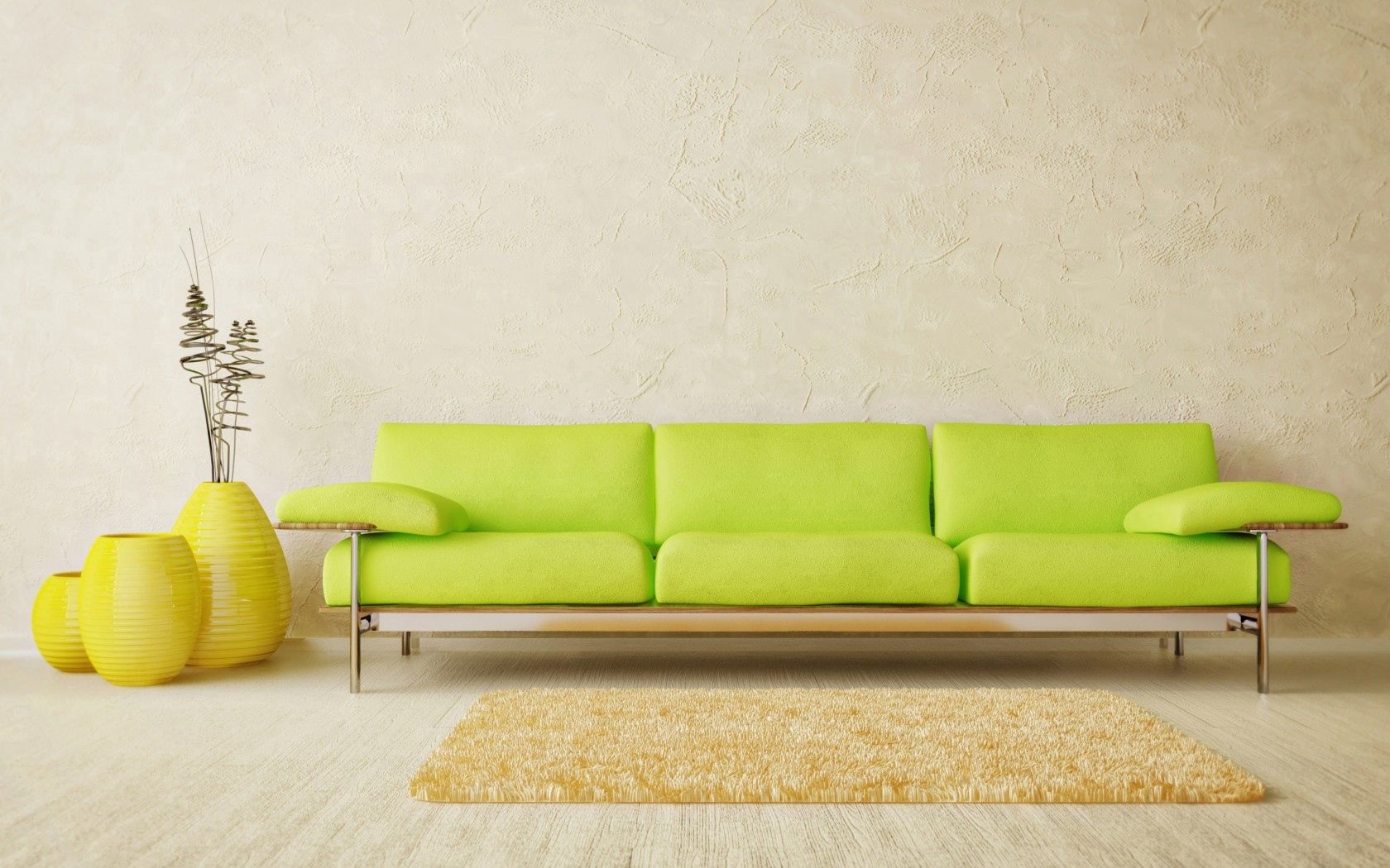 light, minimalism, interior, yellow, green, miscellanea, miscellaneous, light coloured, design, room, style, sofa, mat, vases, parquet, rug
