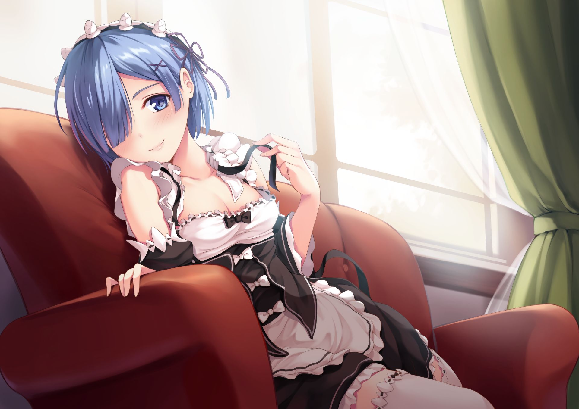 rem (re:zero), anime, maid, re:zero starting life in another world, dress, blush, armchair, blue eyes, blue hair, headband, smile, thigh highs