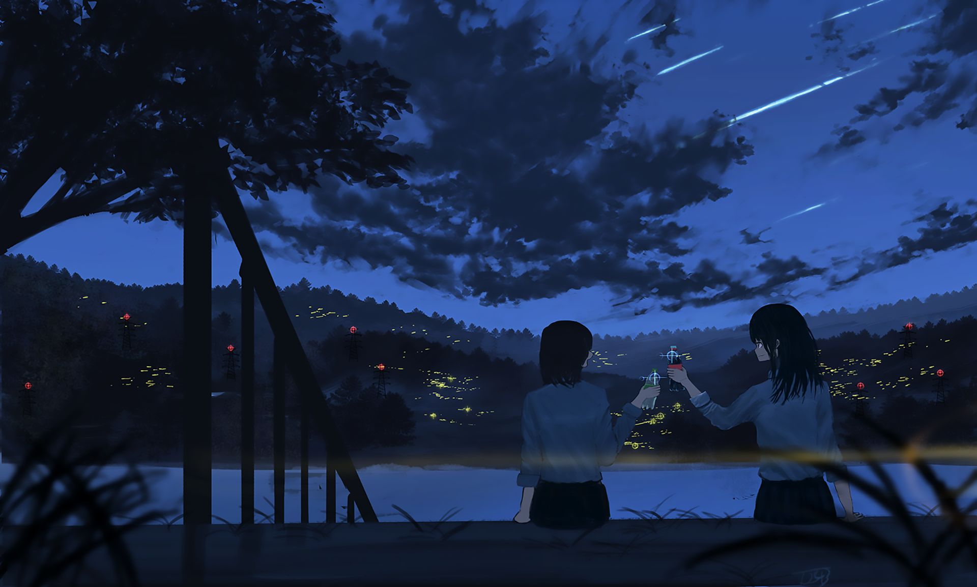 Mobile Wallpaper Comet hill, night, anime, original