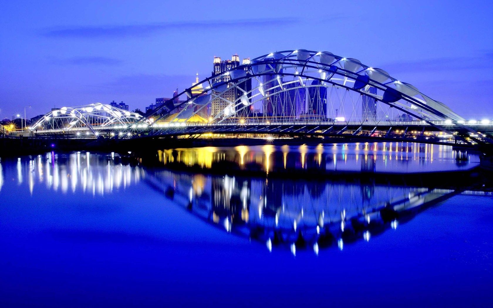 reflection, cities, night, city, lights, bridge