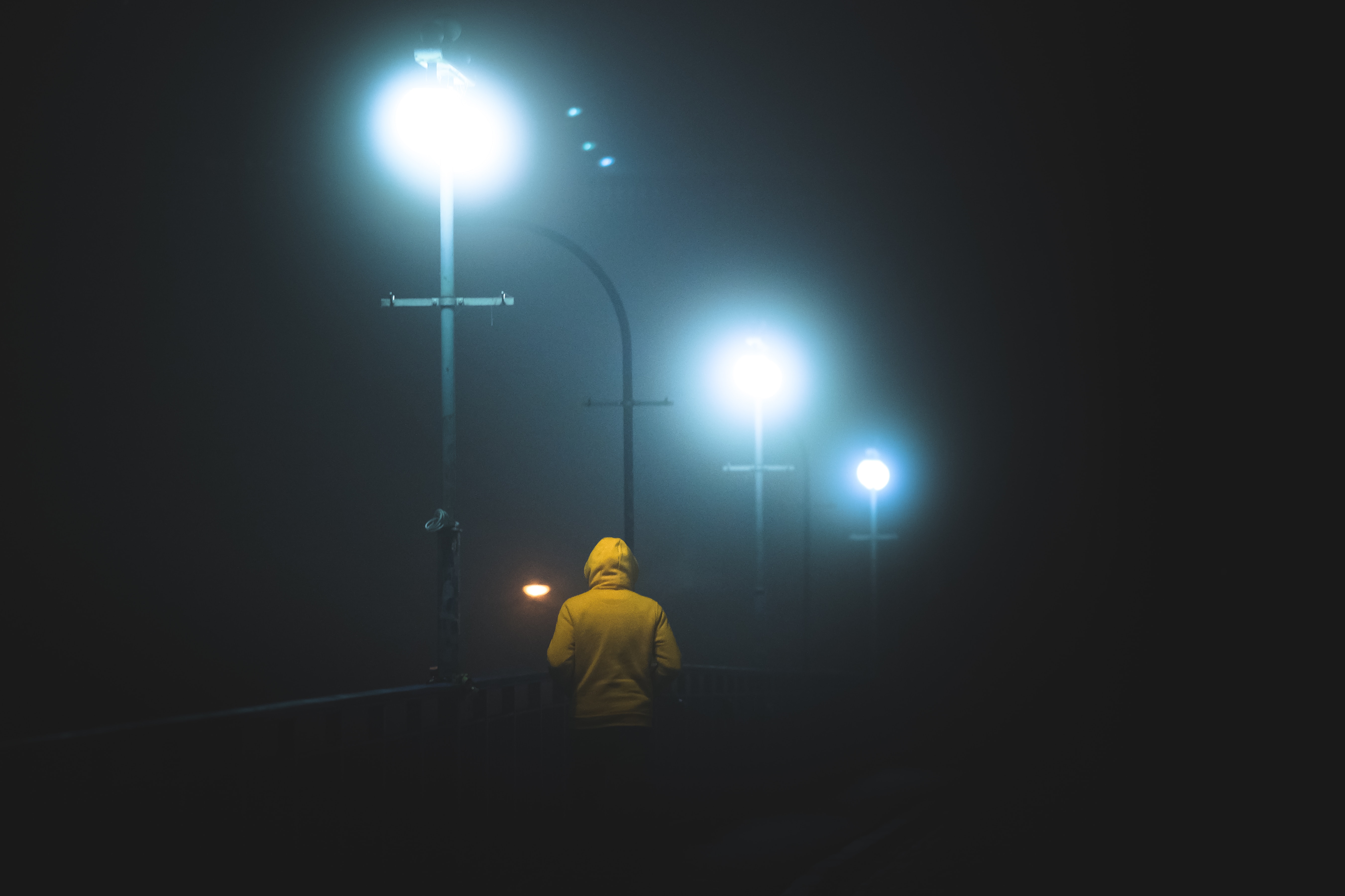 human, night, lights, dark, miscellanea, miscellaneous, fog, lanterns, person 8K