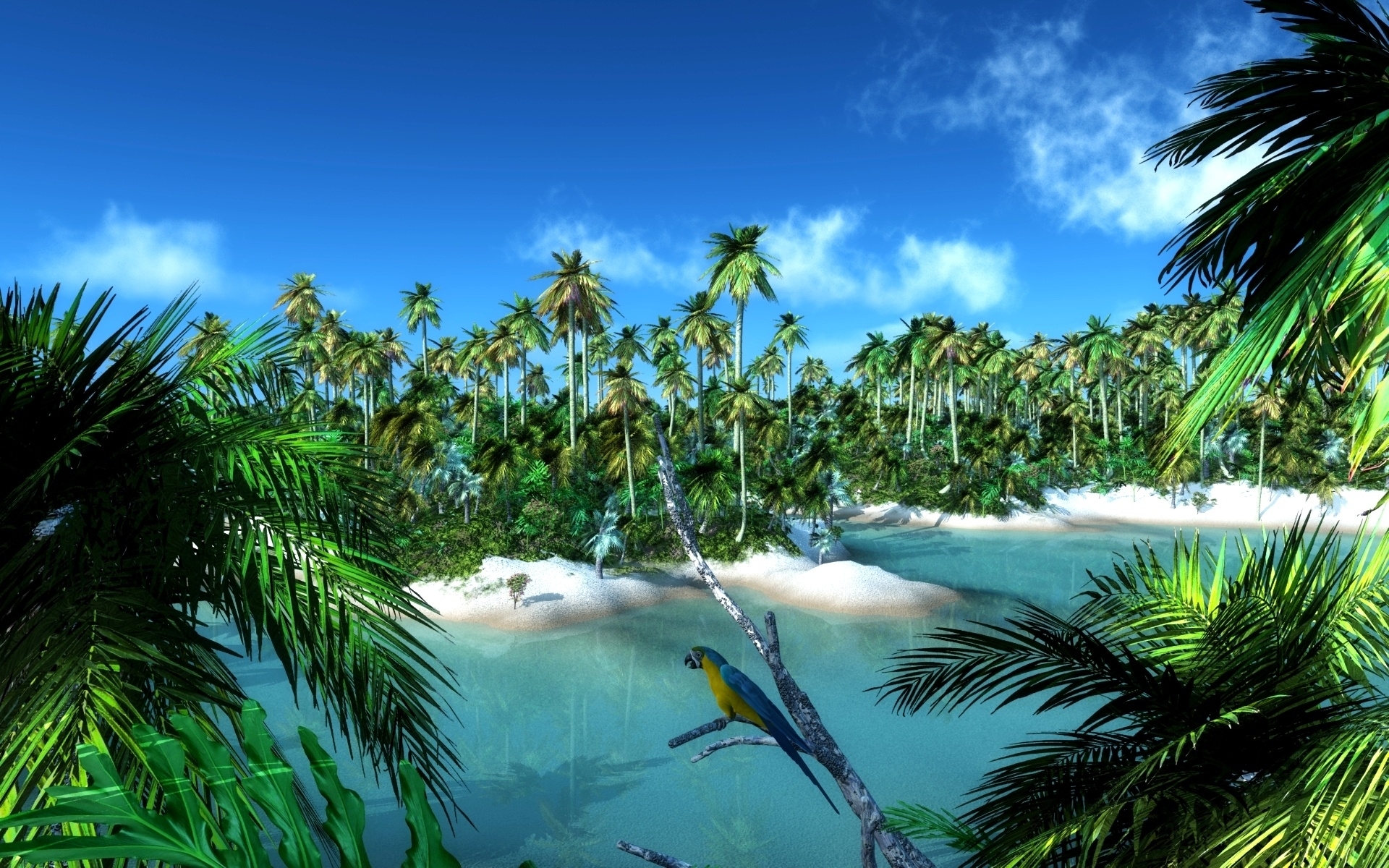 3199 Hintergrundbild herunterladen landschaft, wasser, kunst, papageien, palms - Bildschirmschoner und Bilder kostenlos
