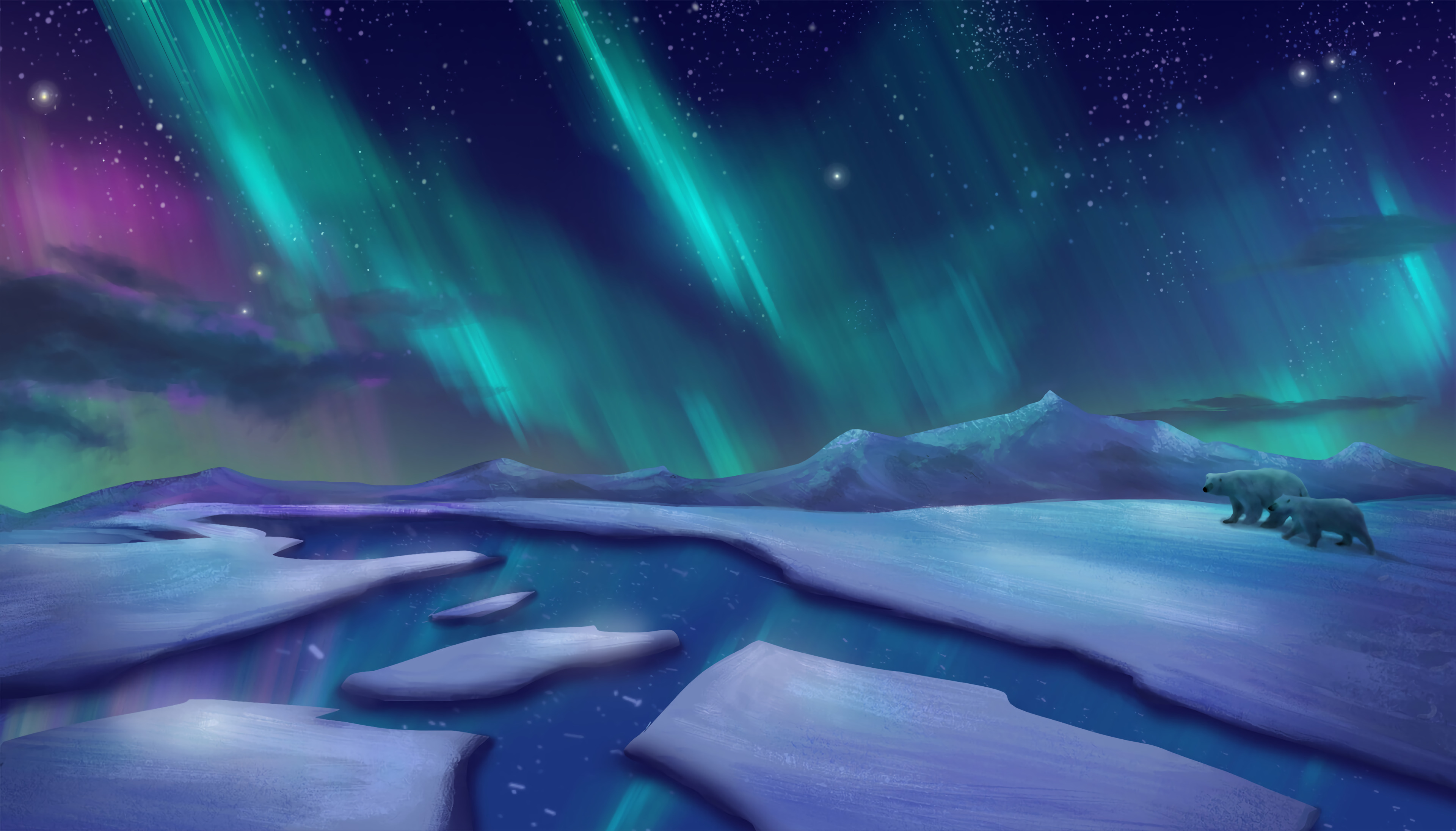 northern lights, aurora borealis, art, ice, bears, cracks, crack, white bears, polar bears 1080p