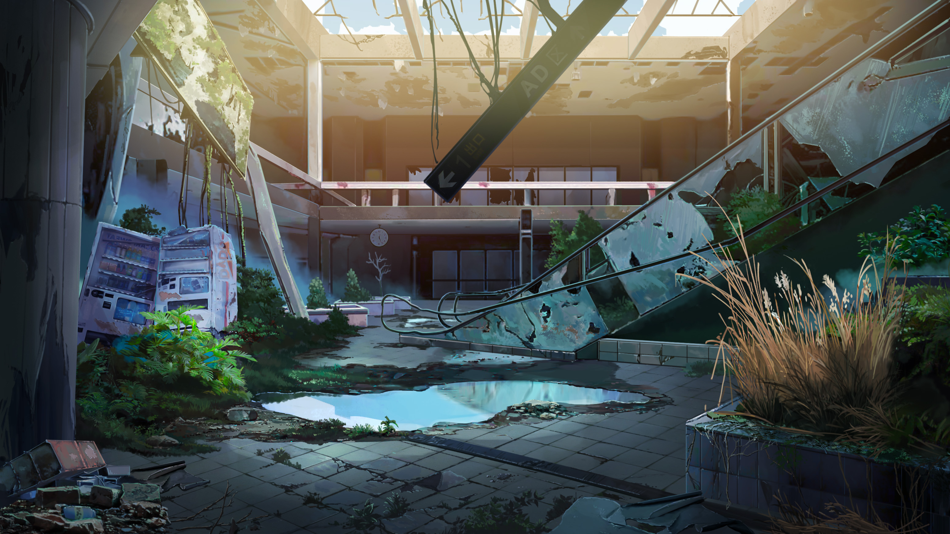 anime, original, abandoned, building, escalator, ruin, water HD wallpaper