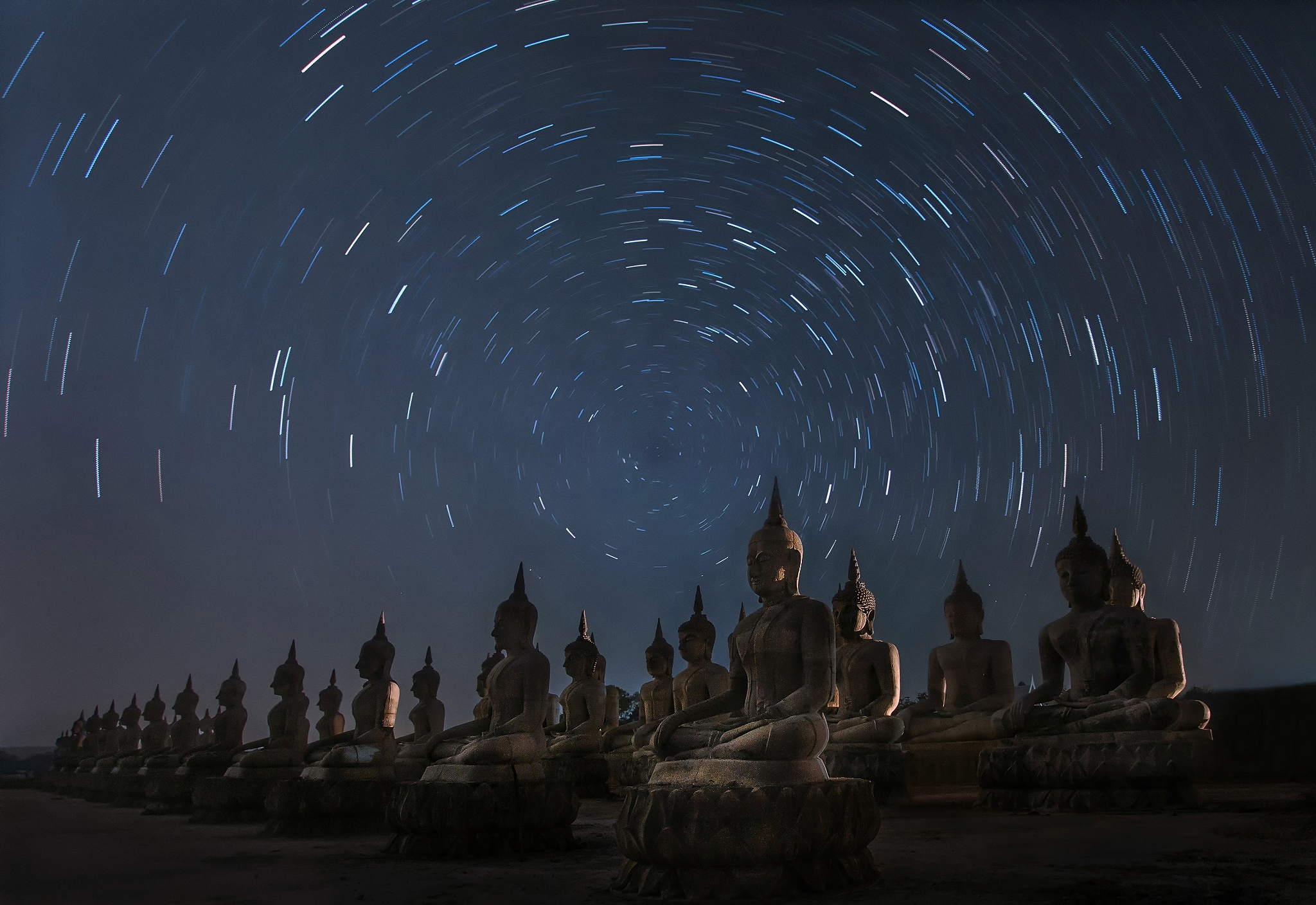 statue, thailand, night, buddha, time lapse, religious, starry sky
