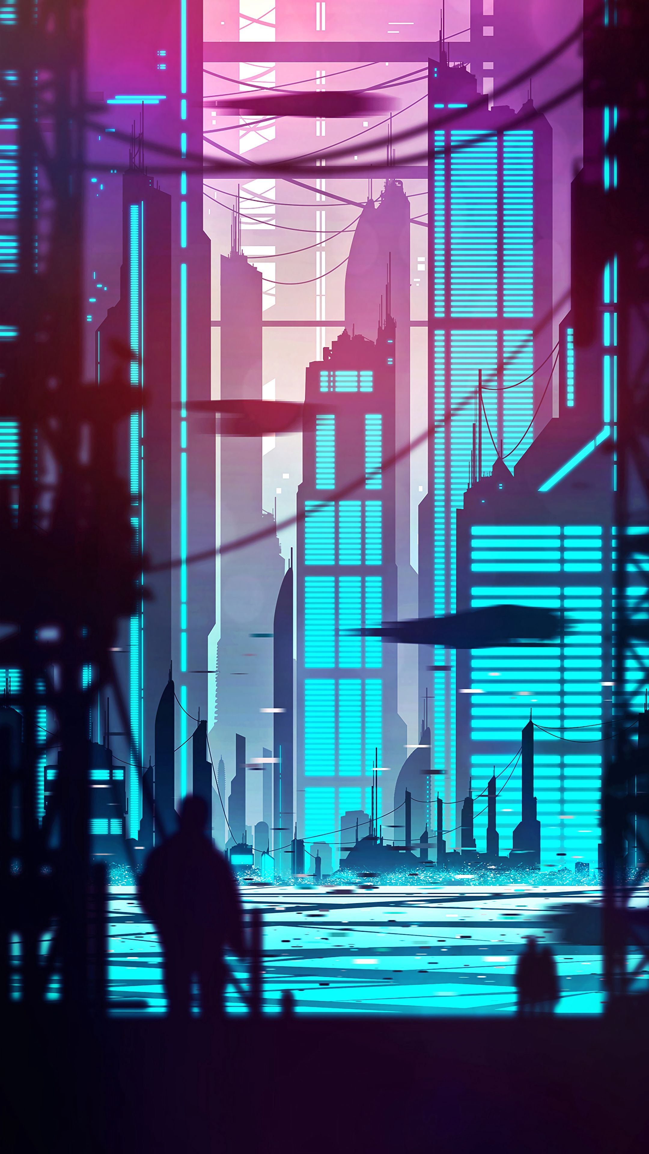 android cyberpunk, art, outlines, city, building, silhouette