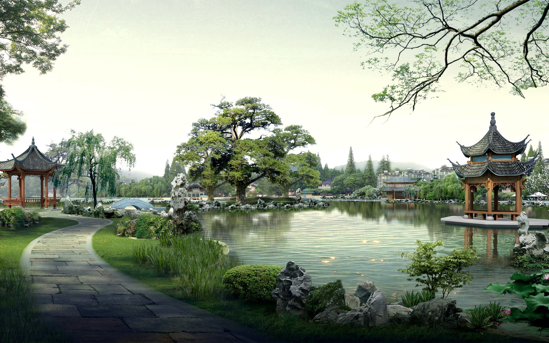 Free HD china, lake, nature, building, miscellanea, miscellaneous, pagoda, photoshop