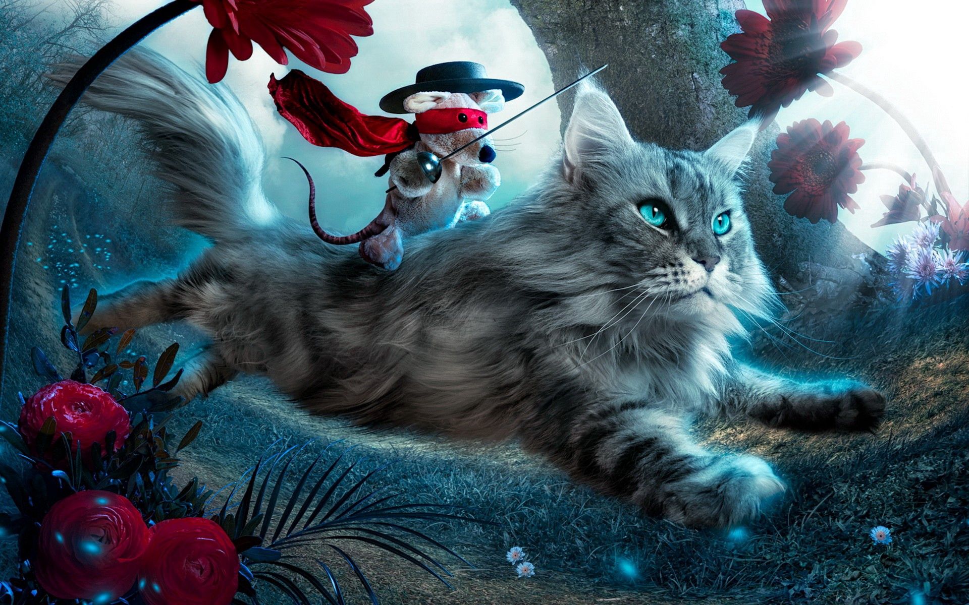 fantasy, animals, cat, toy, flight HD wallpaper