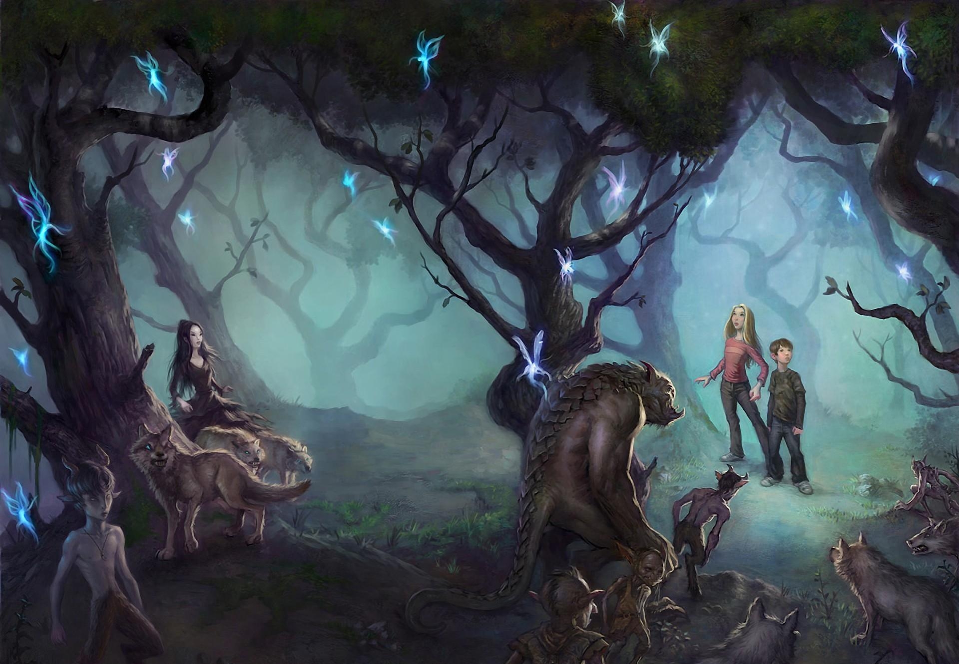 QHD wallpaper astonishment, creatures, forest, fantasy