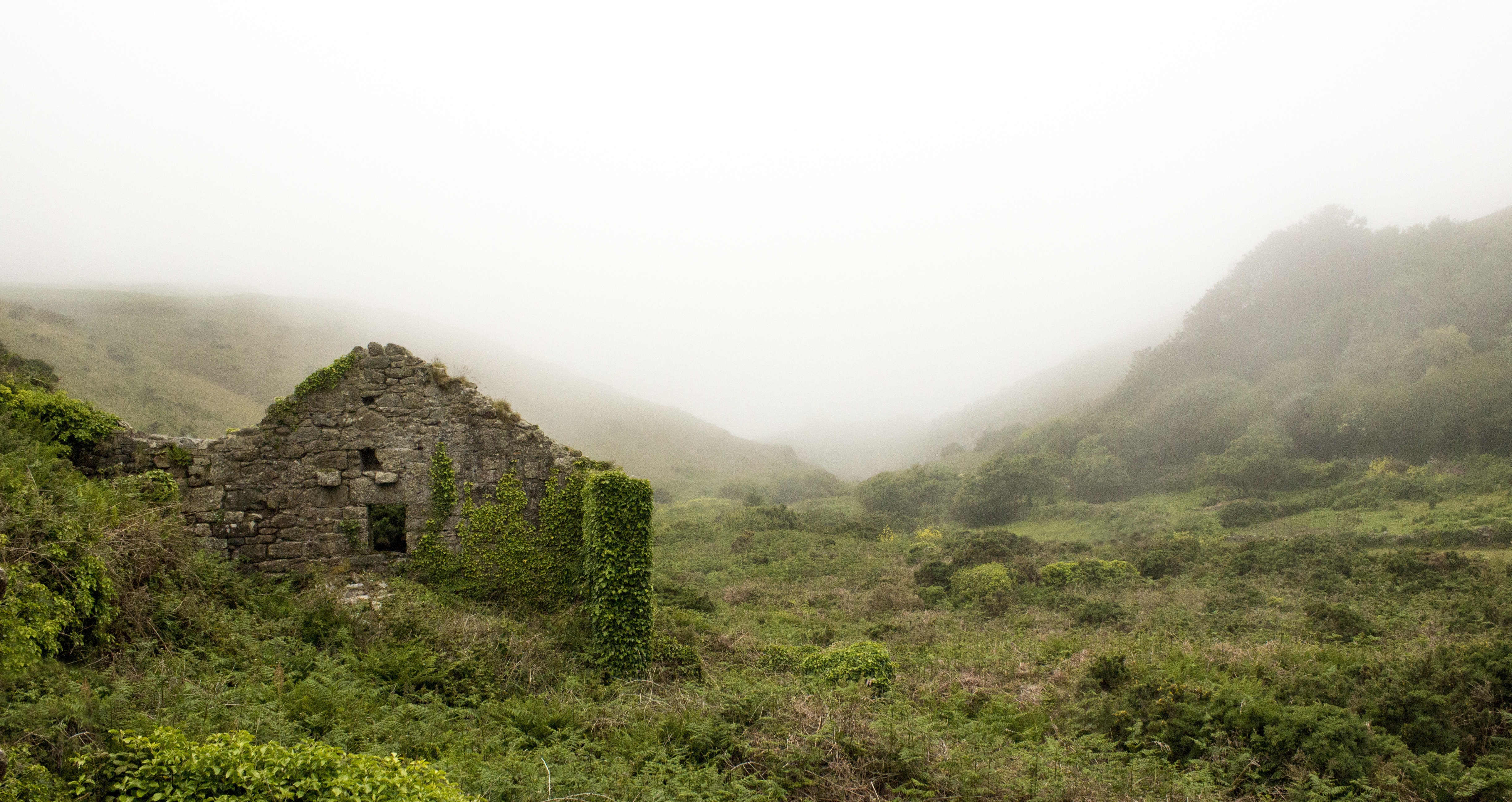 Handy-Wallpaper Natur, Grass, Mountains, Nebel, Zugrunde Richten, Ruinen kostenlos herunterladen.