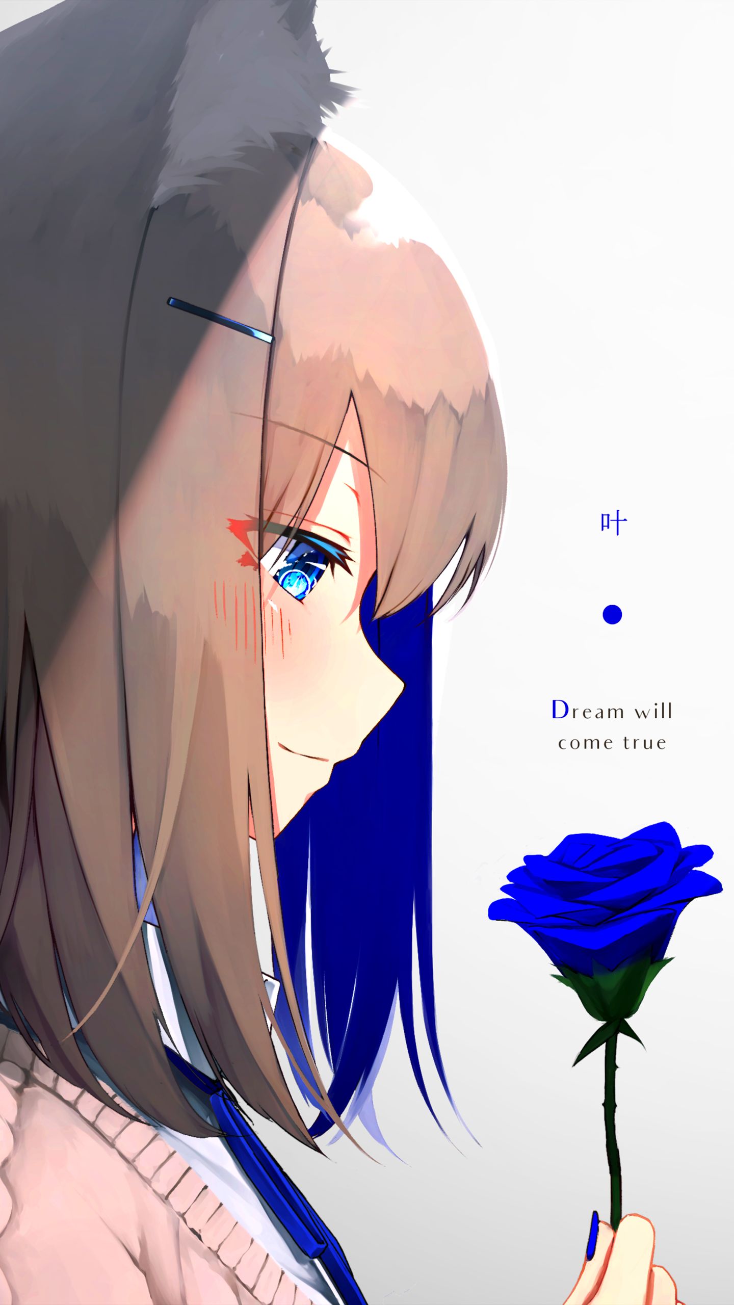 short hair, original, blue rose, blue eyes, anime