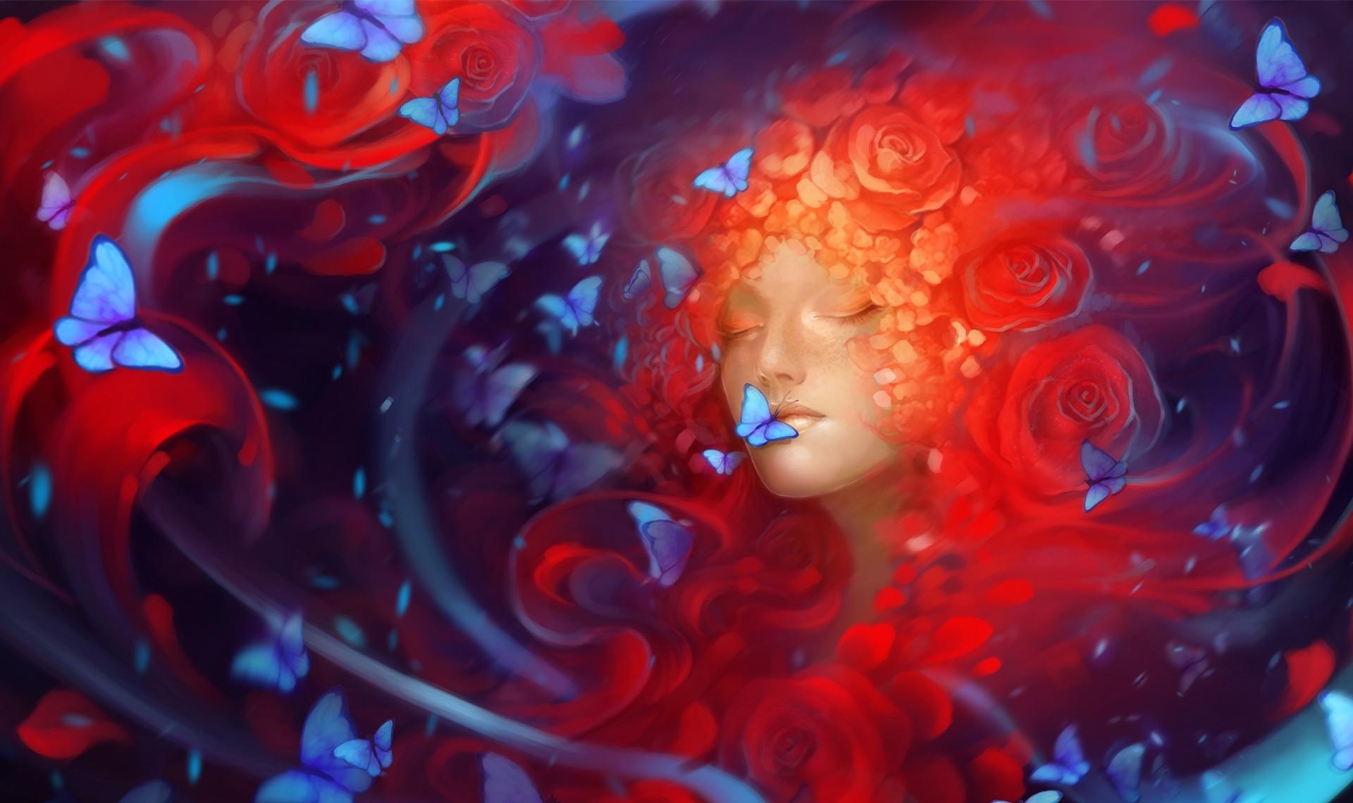 flowers, sleep, fantasy, face Square Wallpapers