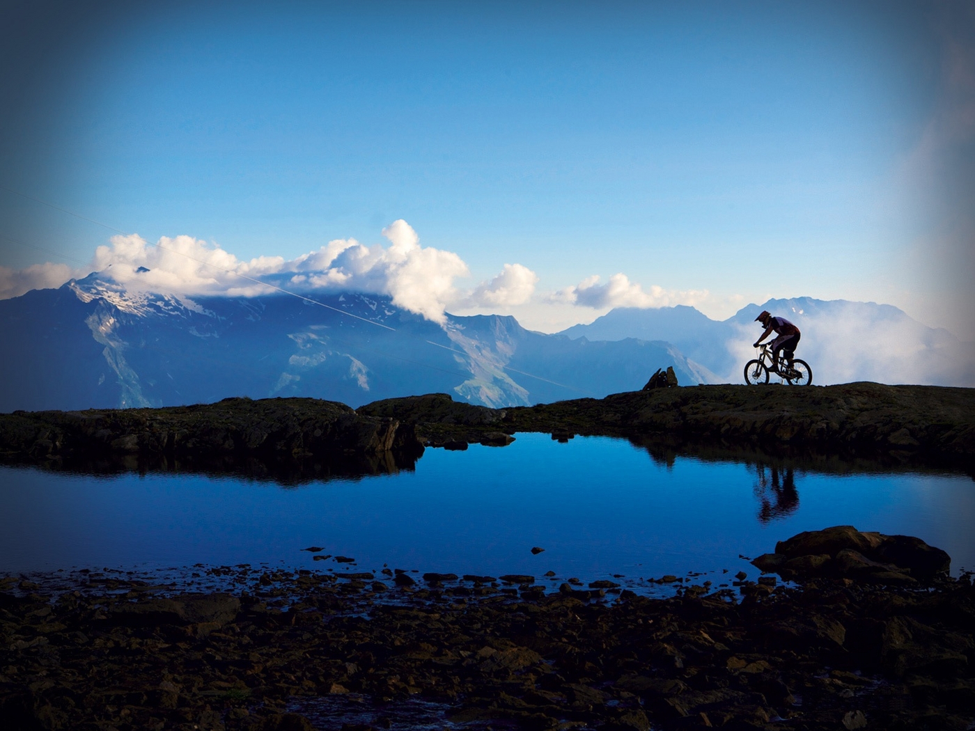 sports, landscape, mountains, bicycles, blue Full HD