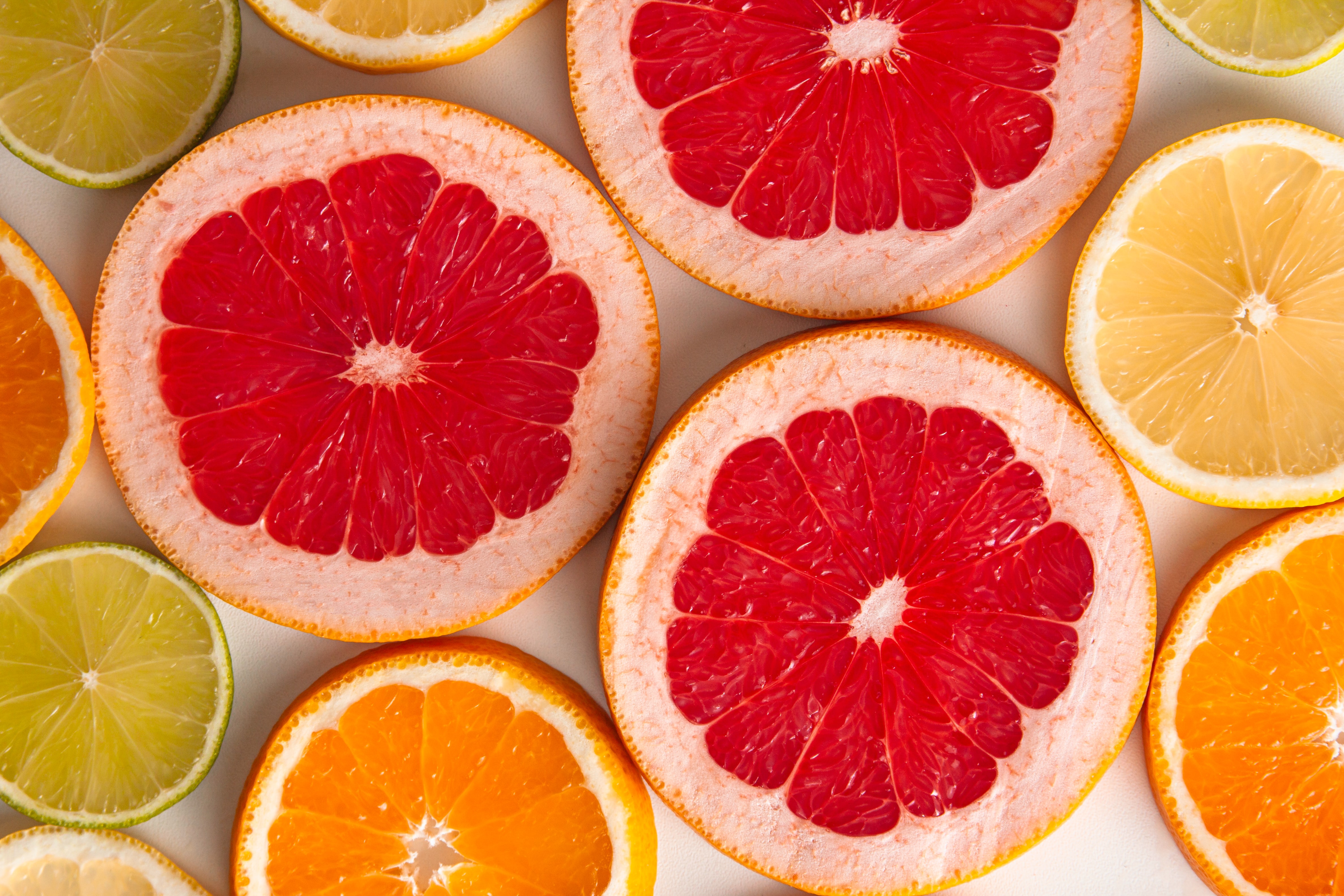 fruits, citrus, food, orange, lemon, lobules, slices, grapefruit
