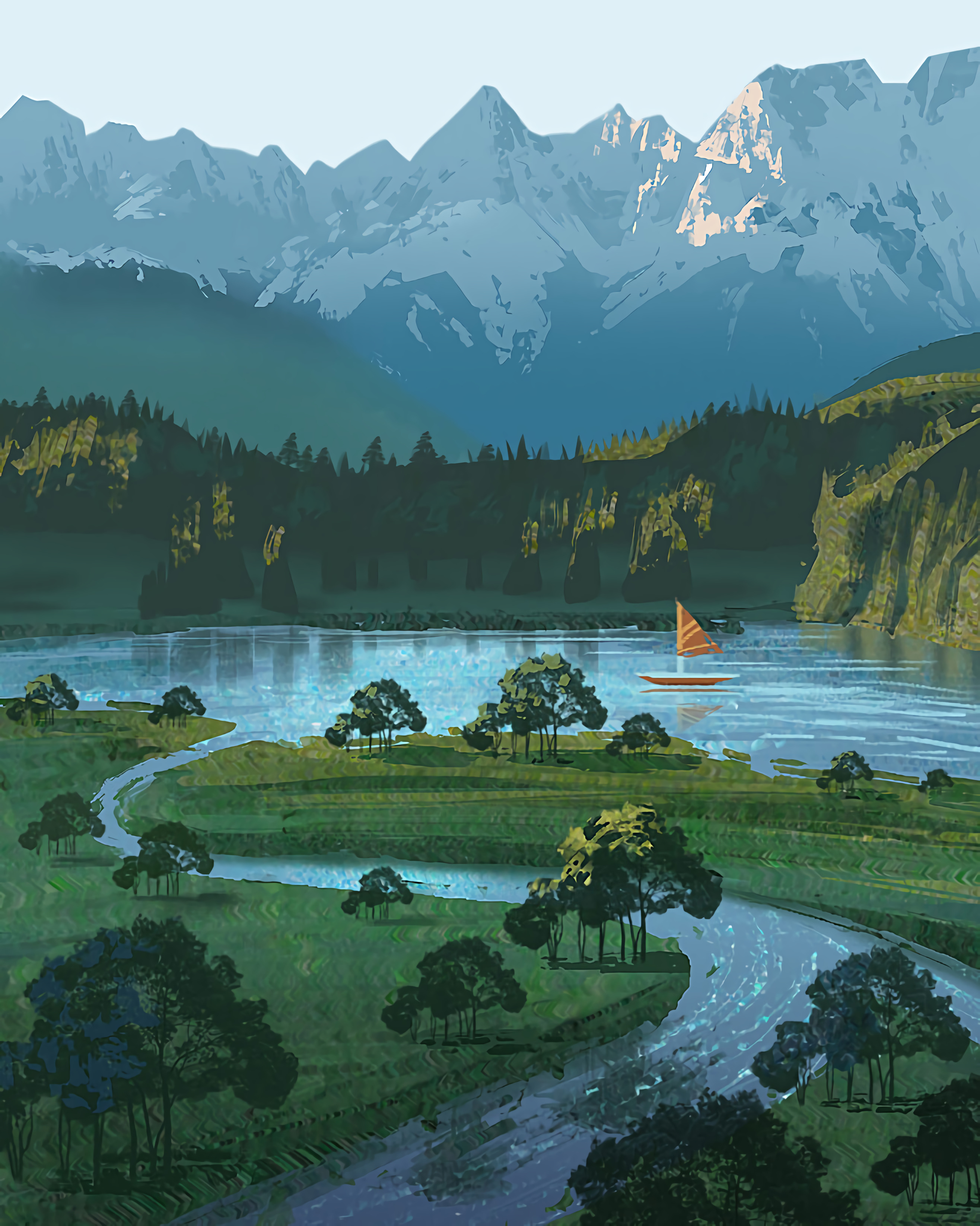 boat, nature, rivers, art, mountains