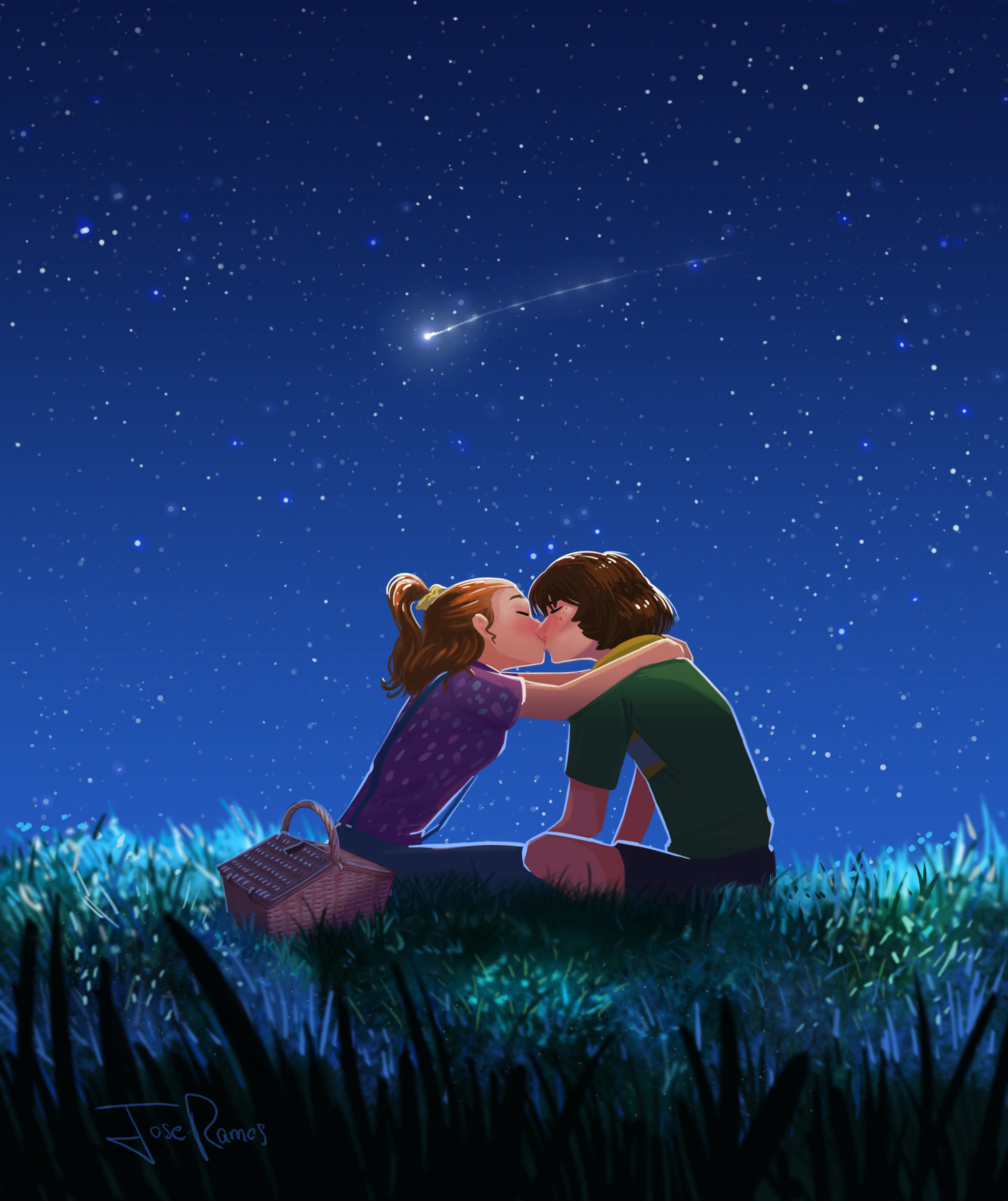 art, couple, romance, pair, kiss, love, starry sky