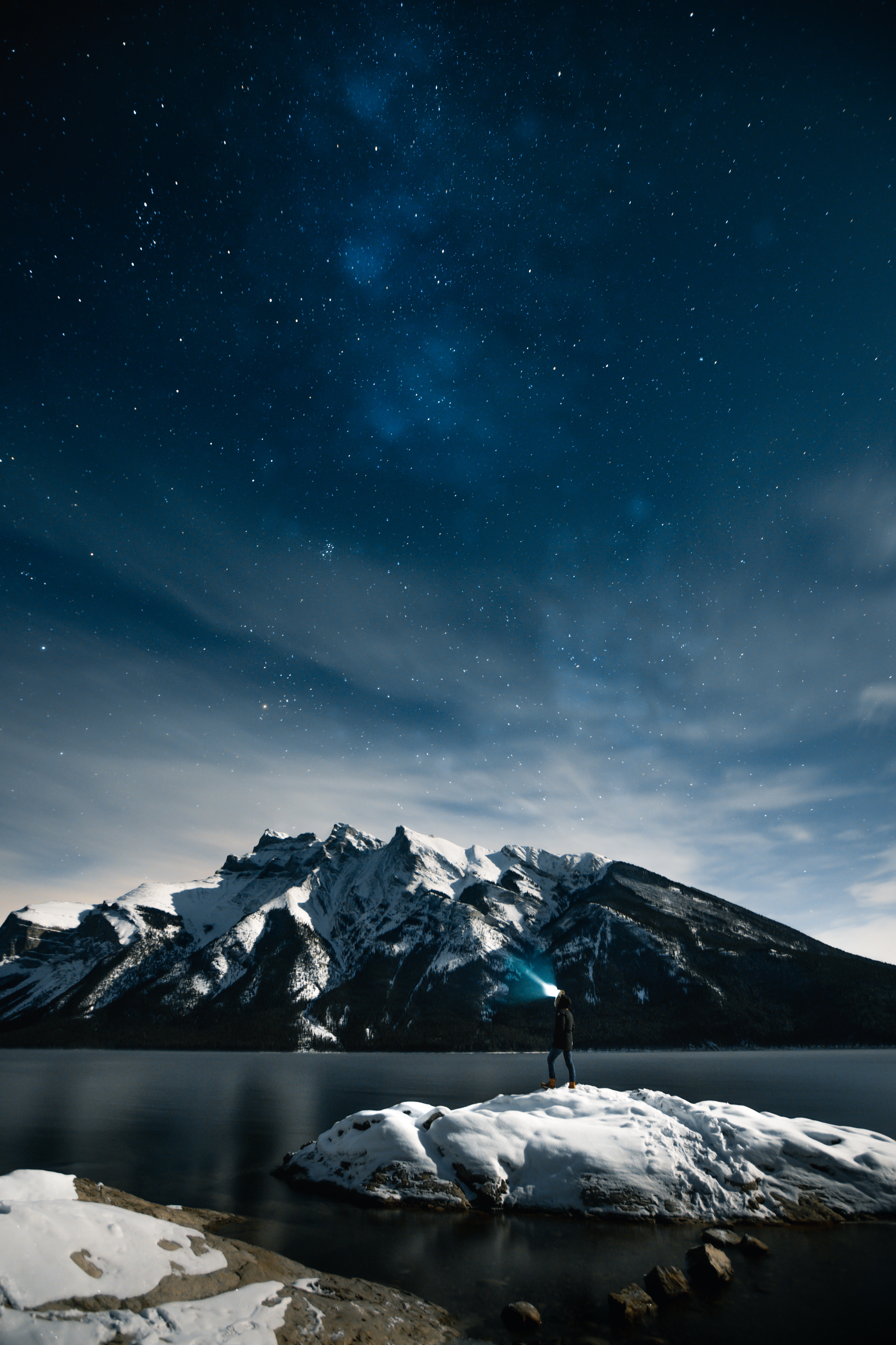Lake night, person, snow, nature 4K Wallpaper