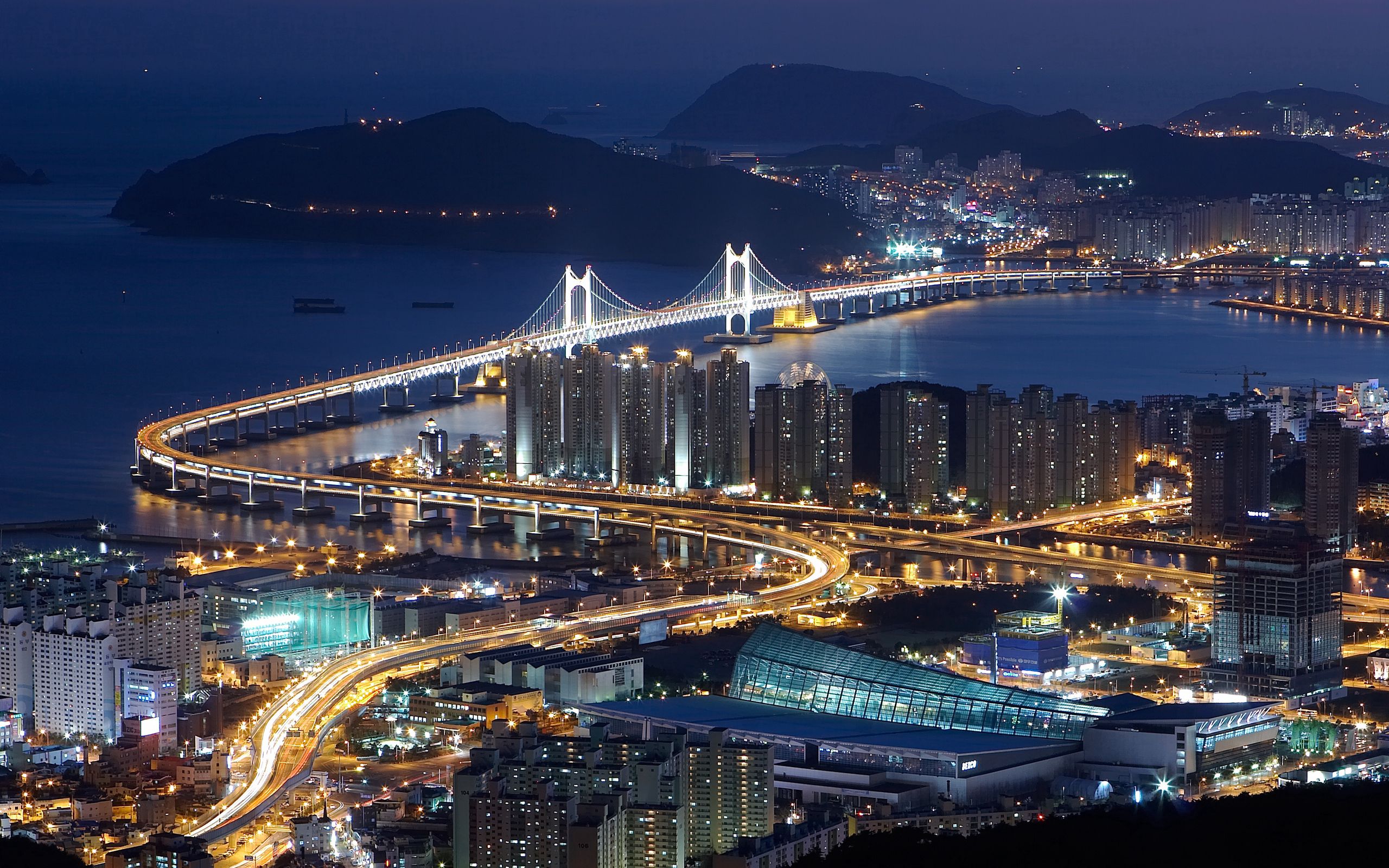 hdr, cities, night, view from above, bridge, south korea, busan Full HD