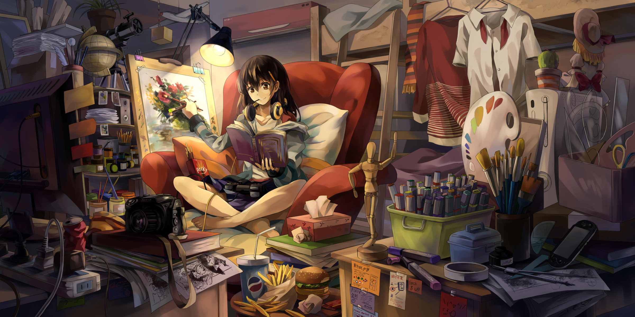 anime, girl, book, easel, headphones, lamp, room