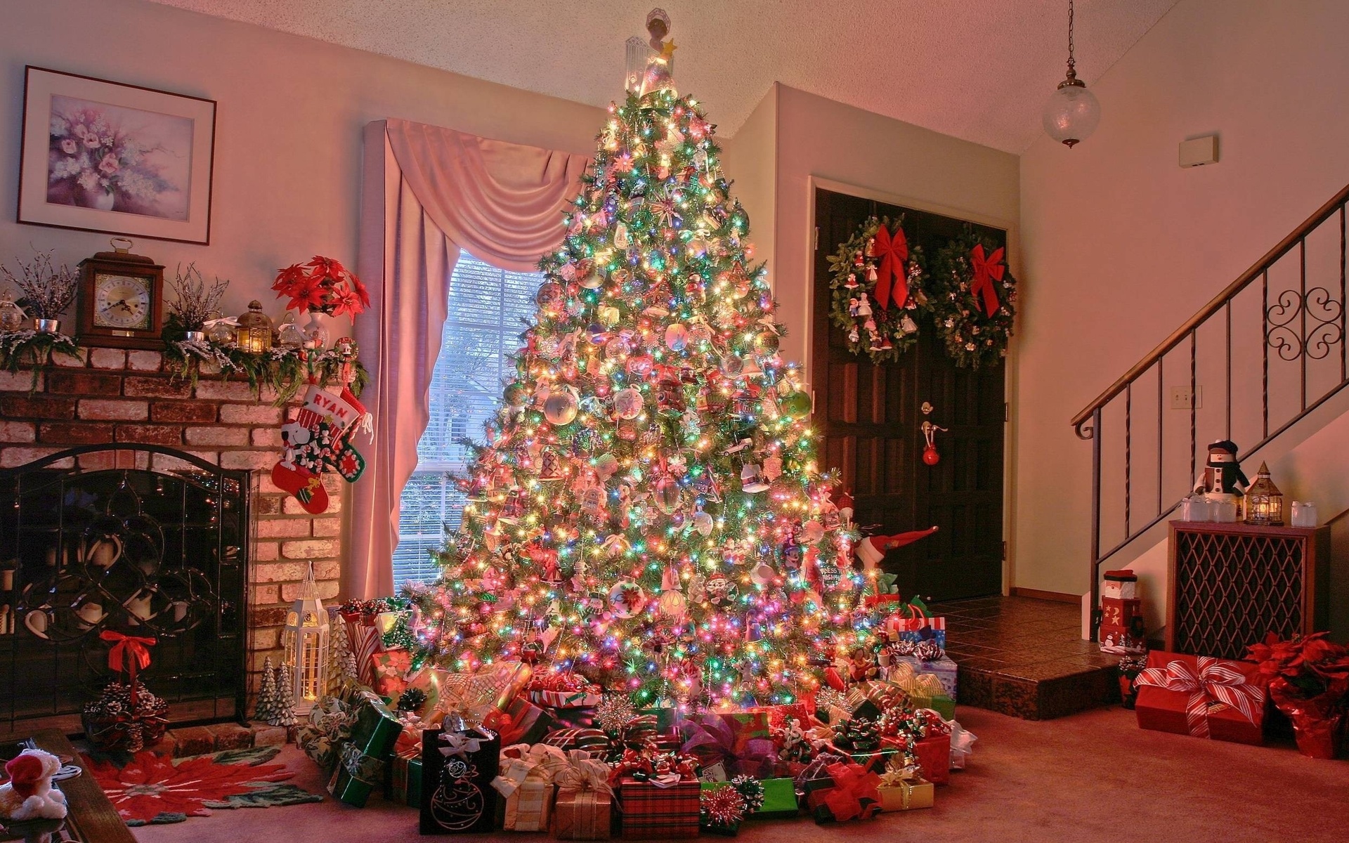 christmas, fireplace, gift, holiday, christmas lights, christmas ornaments, christmas tree