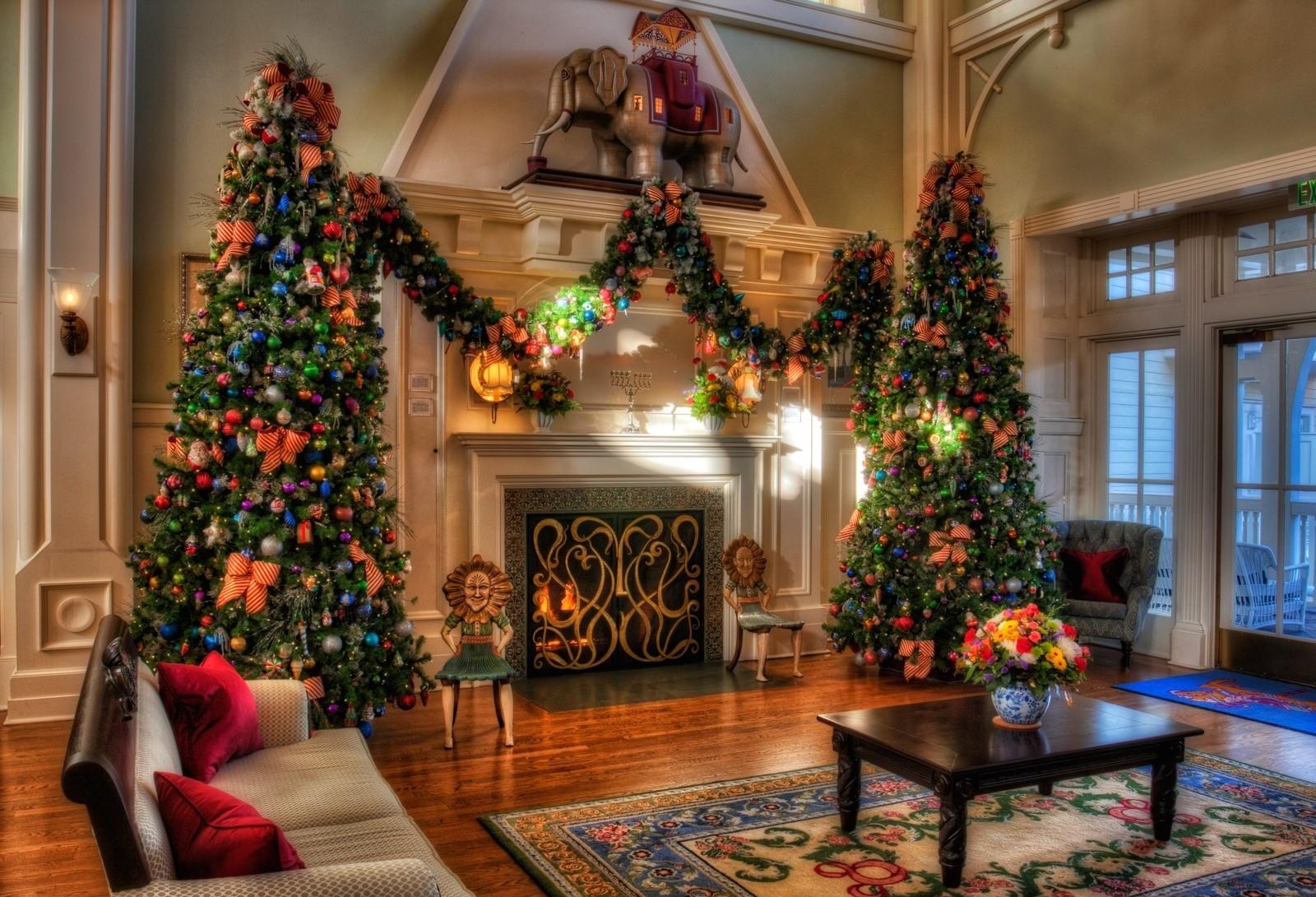 holidays, coziness, decorations, interior, holiday, house, comfort, fireplace, christmas trees 1080p