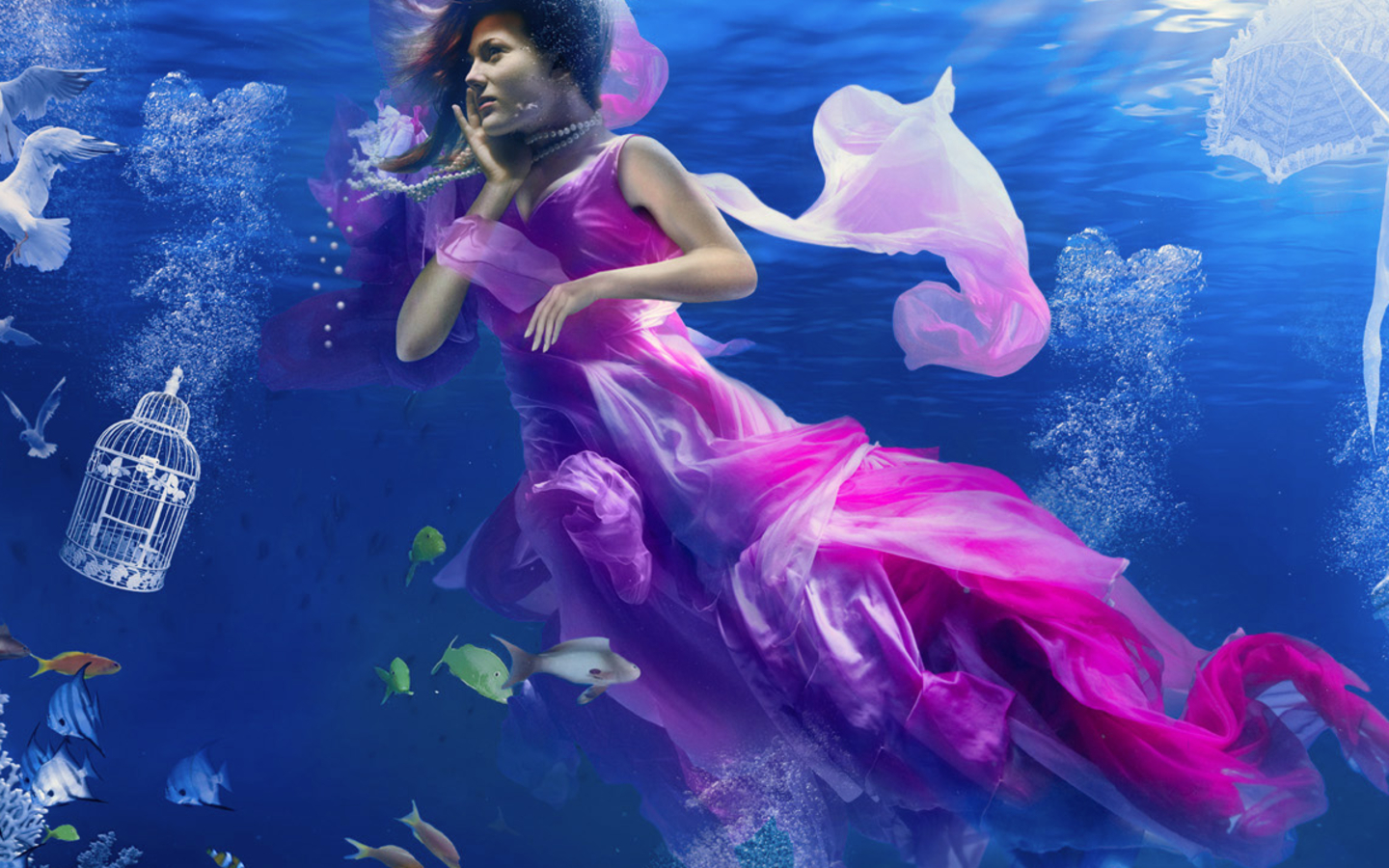 fantasy, women, cage, fish, model, underwater images