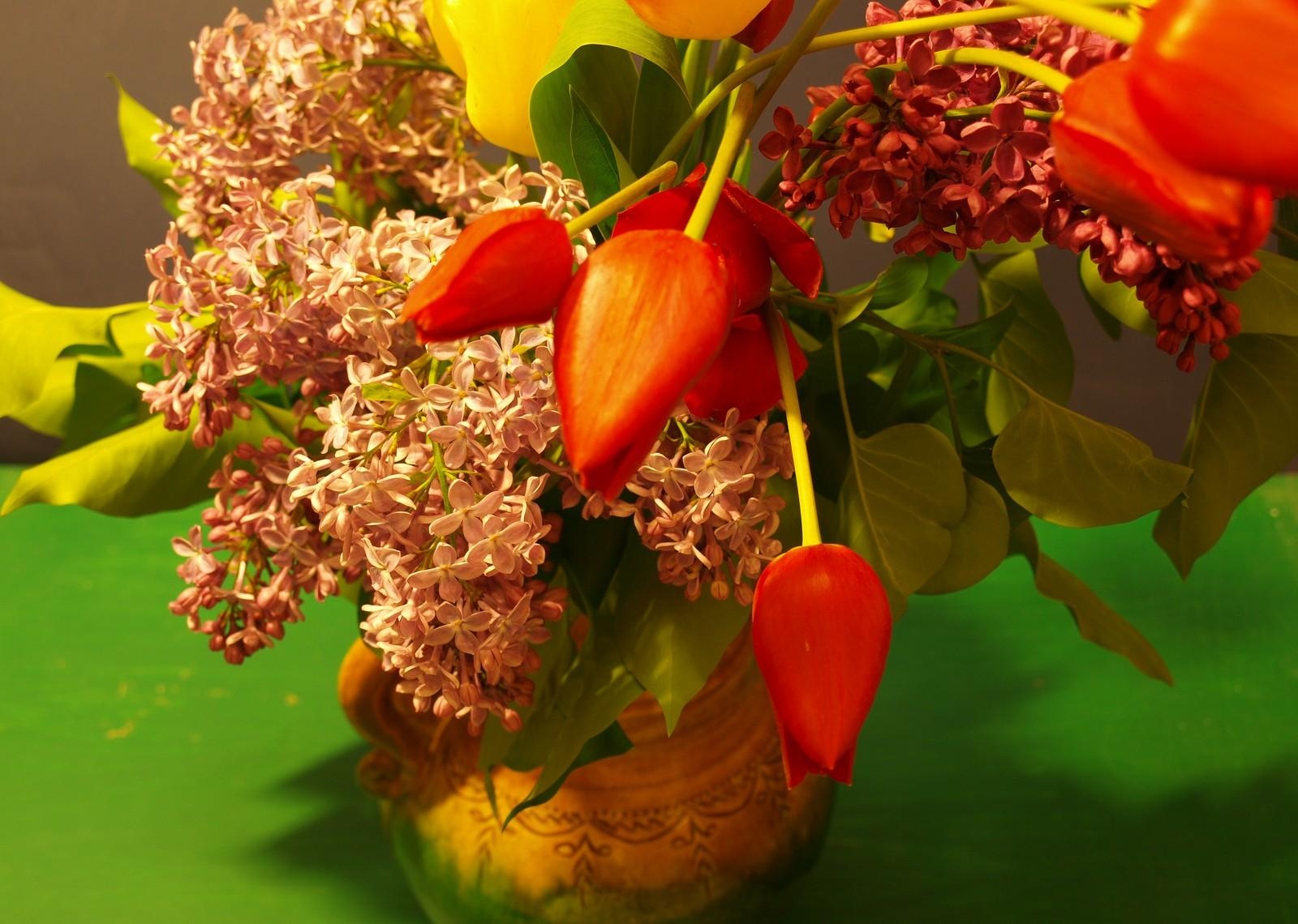 Laden Sie das Blumen, Lilac, Tulpen, Strauß, Bouquet, Vase, Frühling-Bild kostenlos auf Ihren PC-Desktop herunter