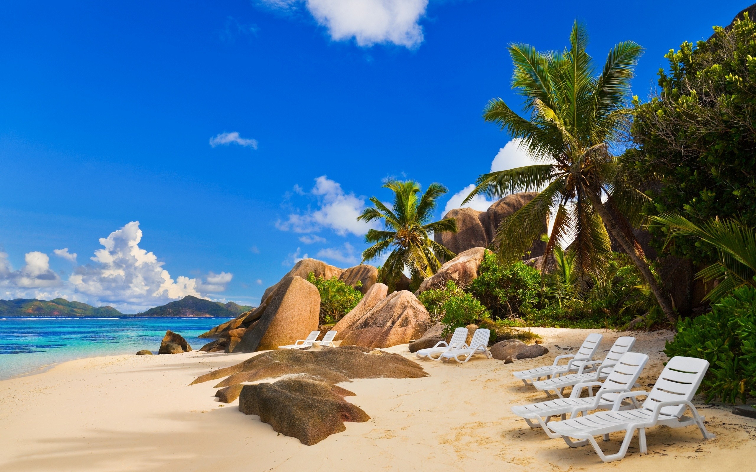 tropical, seychelles, photography, beach, chair, ocean, palm tree, sand, tree Full HD