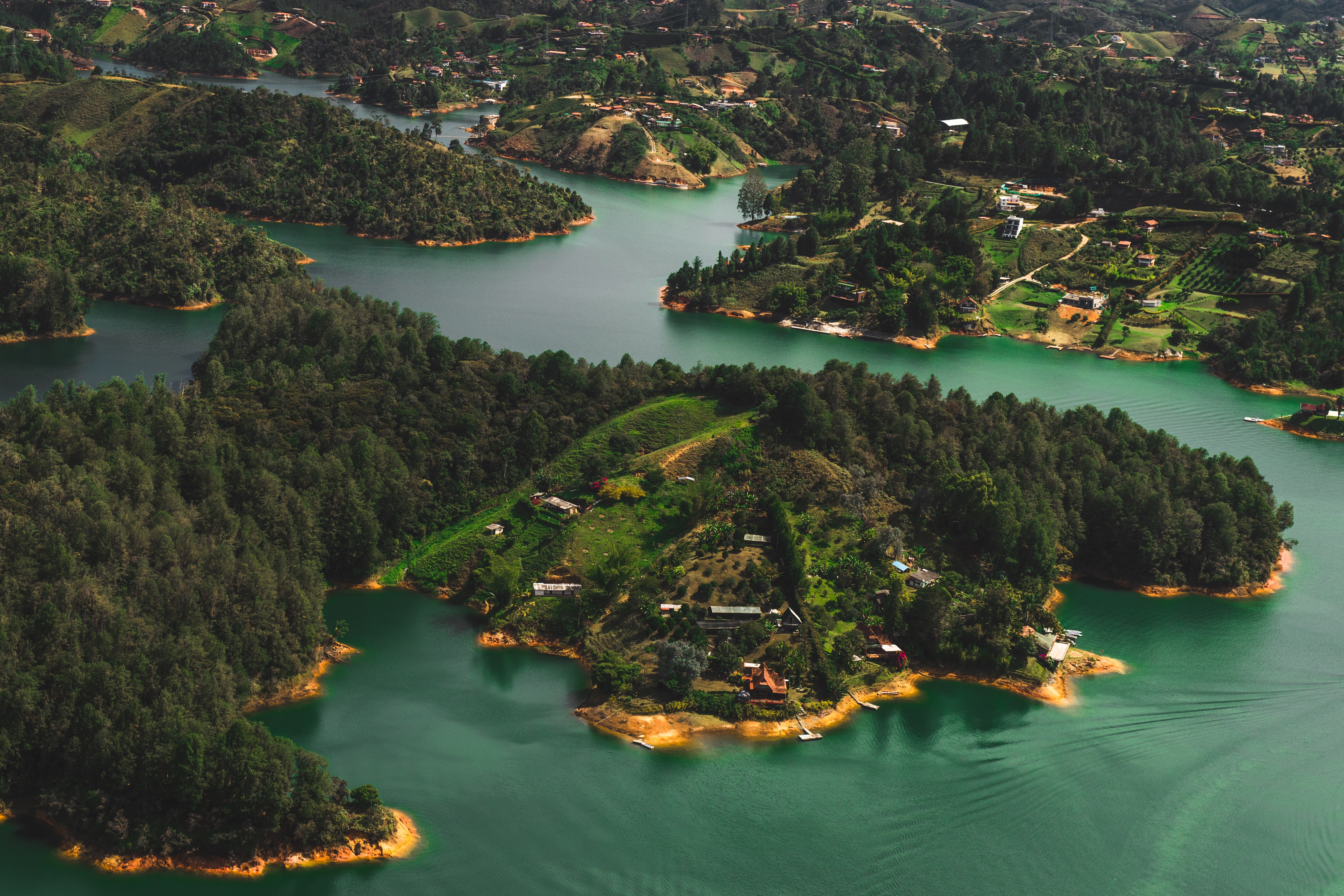 coast, view from above, water, nature, building, forest, islands High Definition image