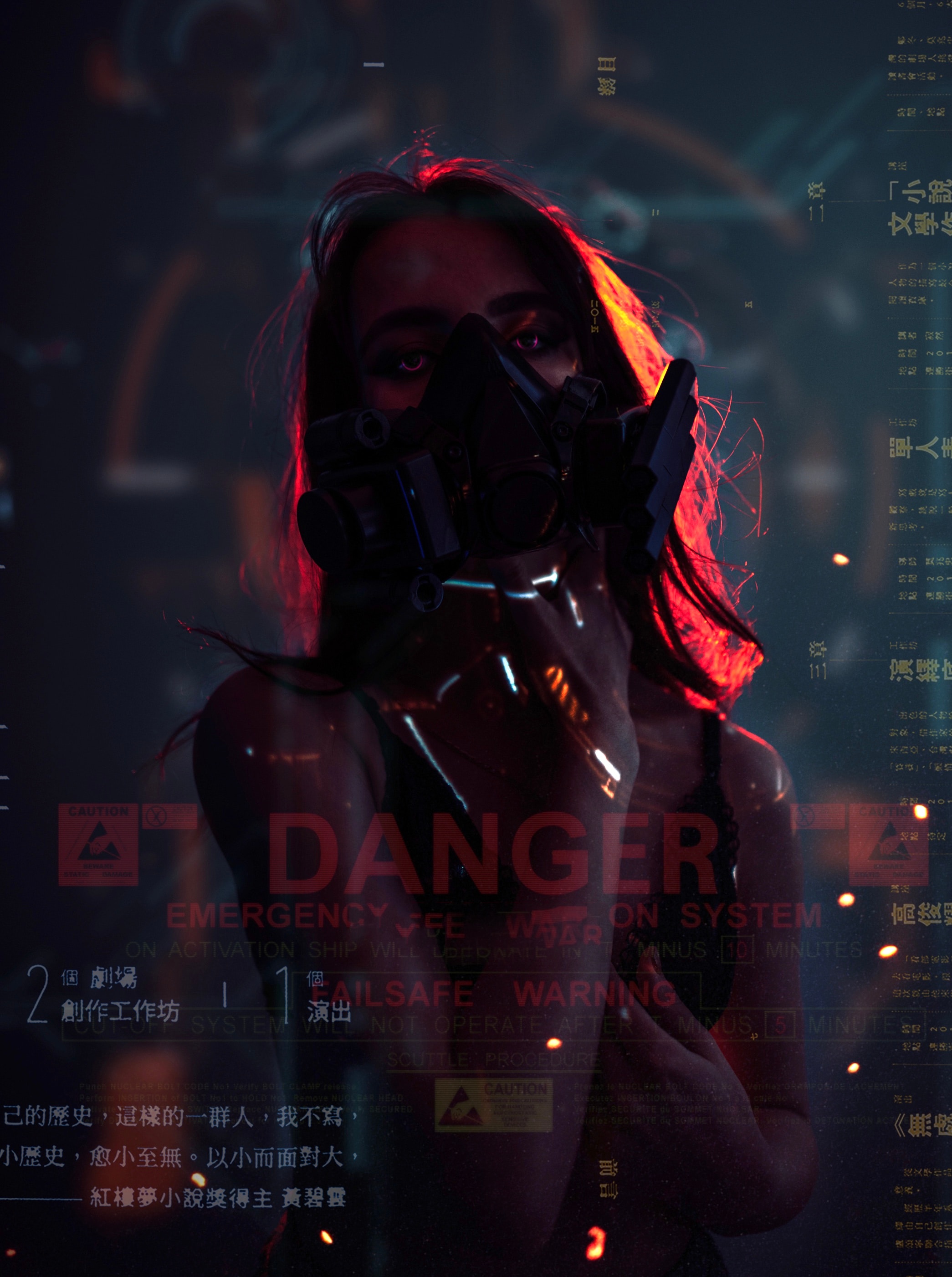 106698 download wallpaper girl, cyberpunk, hieroglyph, miscellanea, miscellaneous, lettering, inscriptions, respirator screensavers and pictures for free