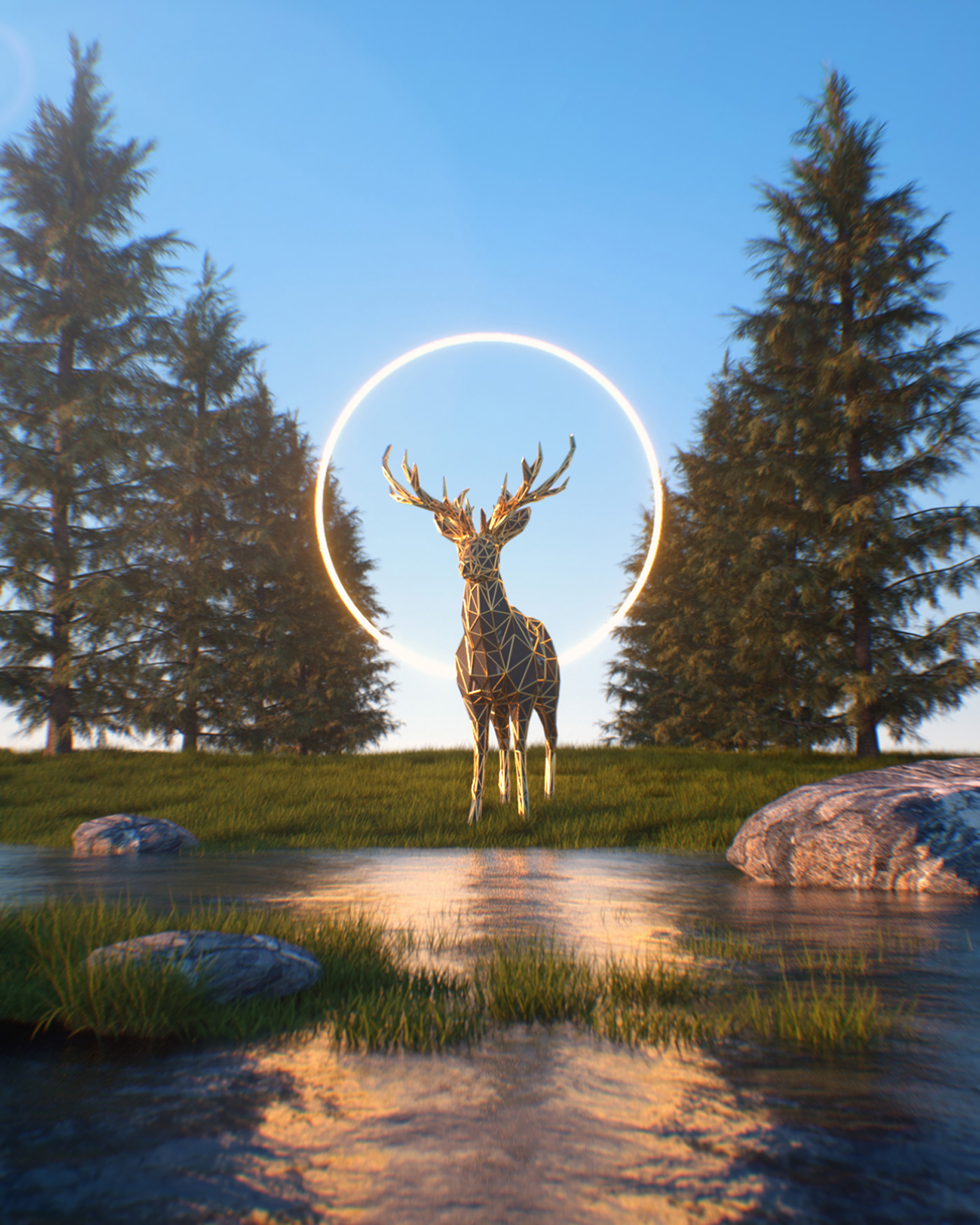 Mobile Wallpaper 3D deer, ring, nature, figure