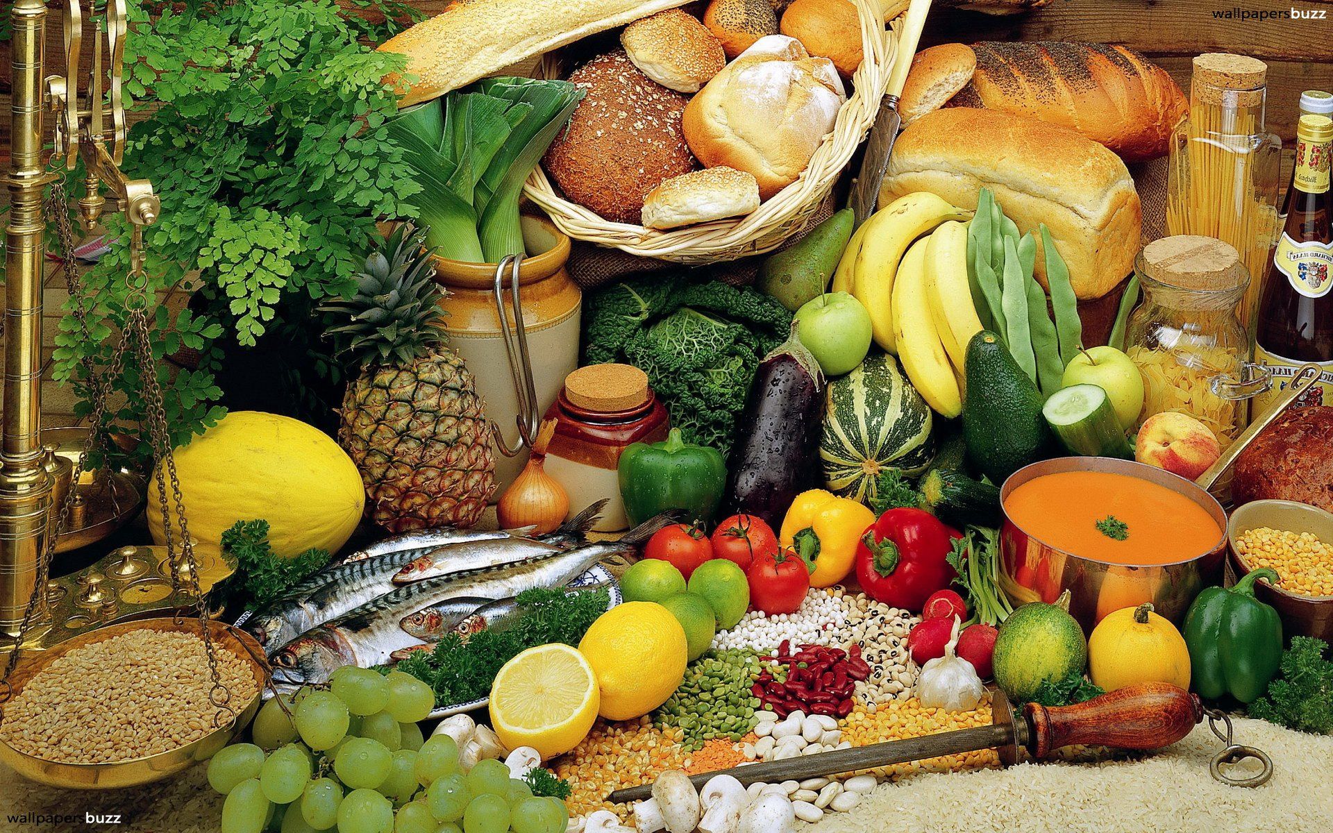 fruits, food, vegetables, fish, assorted, bread, cereals