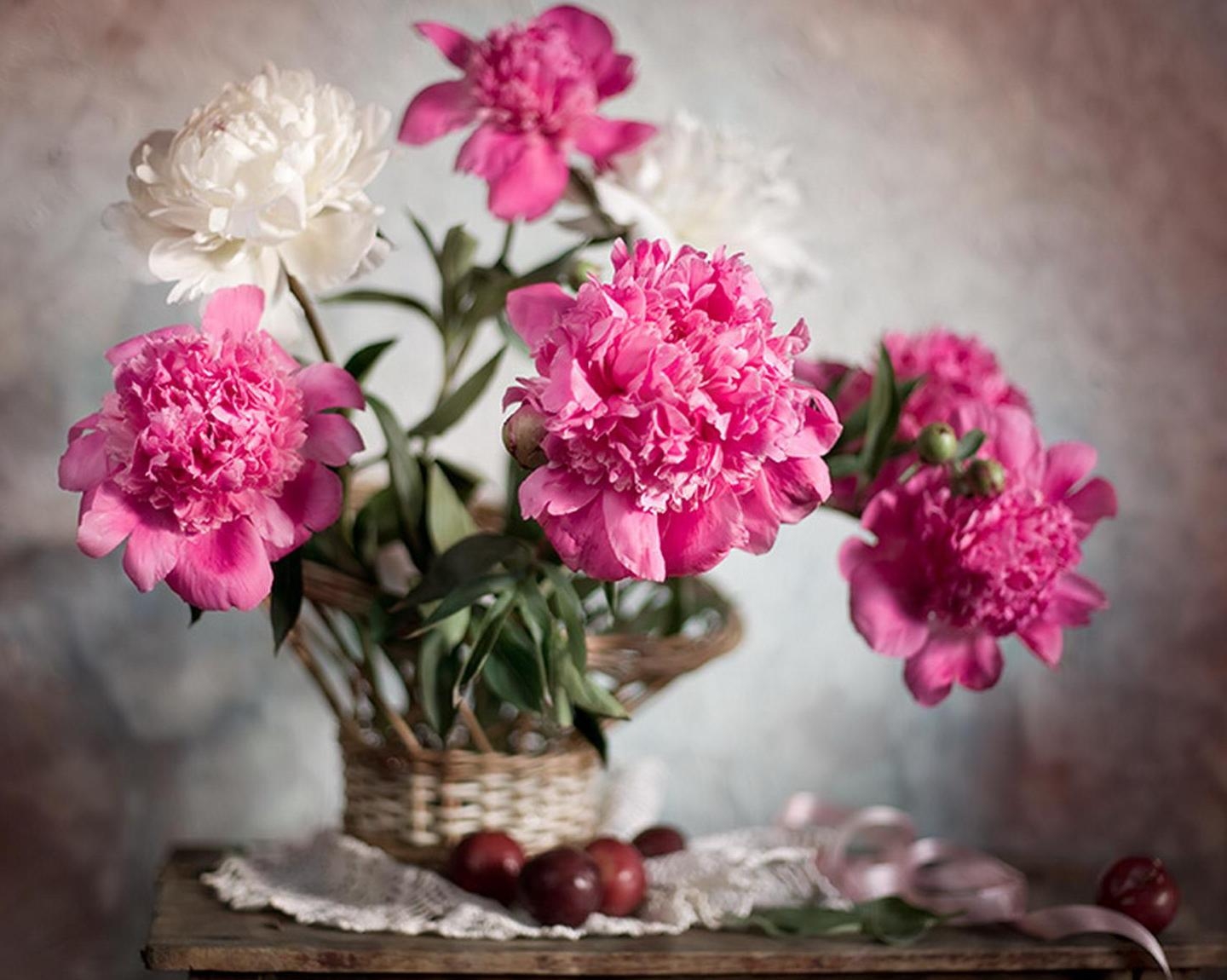 65358 download wallpaper flowers, peonies, blur, smooth, bouquet, tape, basket screensavers and pictures for free
