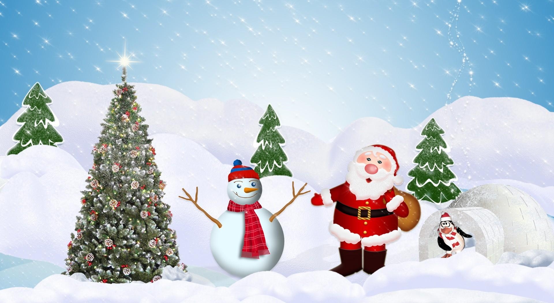 135061 download wallpaper holidays, winter, new year, santa claus, snow, snowman, christmas tree, penguin screensavers and pictures for free