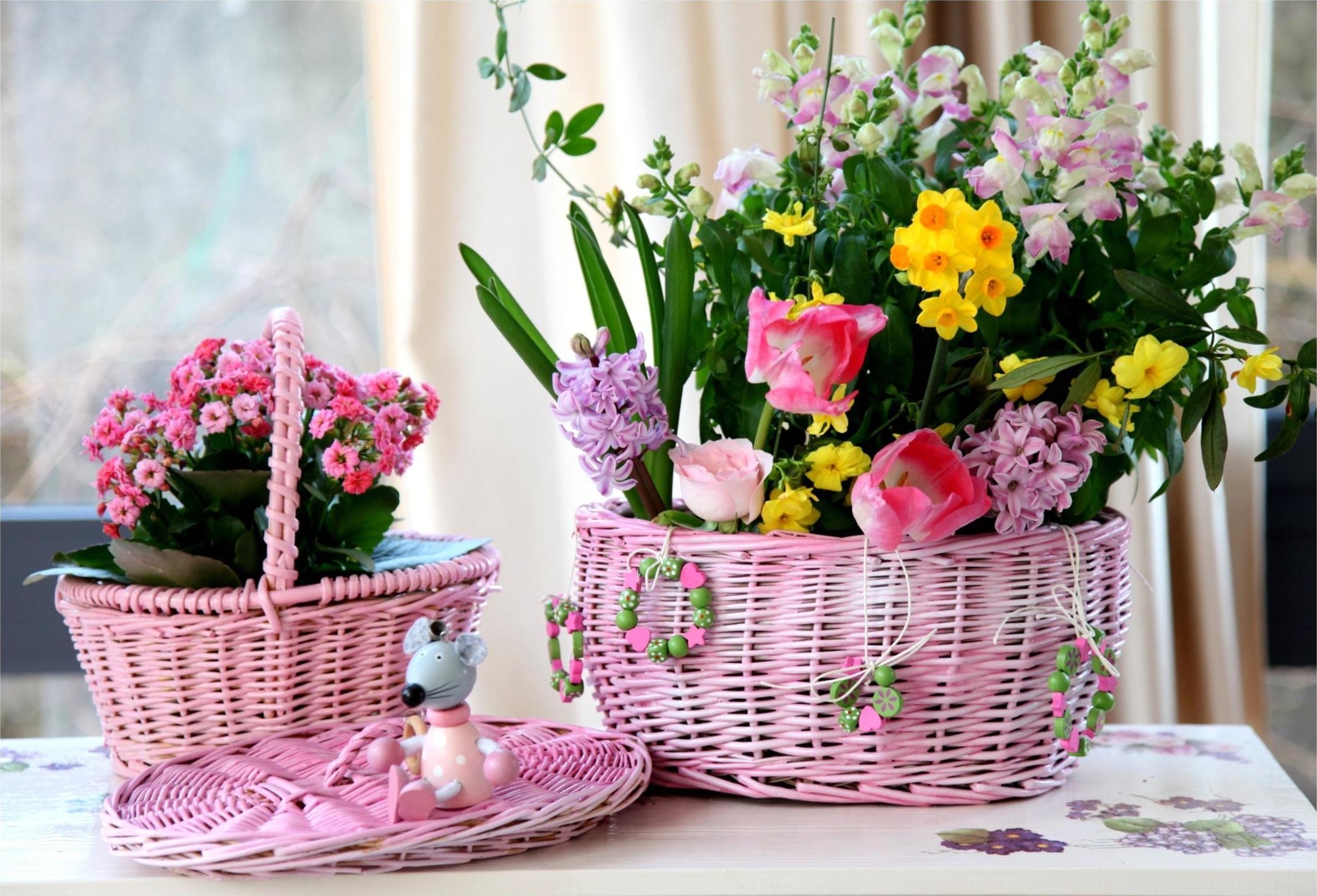 Handy-Wallpaper Blumen, Tulpen, Narzissen, Rose, Maus, Korb, Hyazinthen, Körbe, Freesie kostenlos herunterladen.