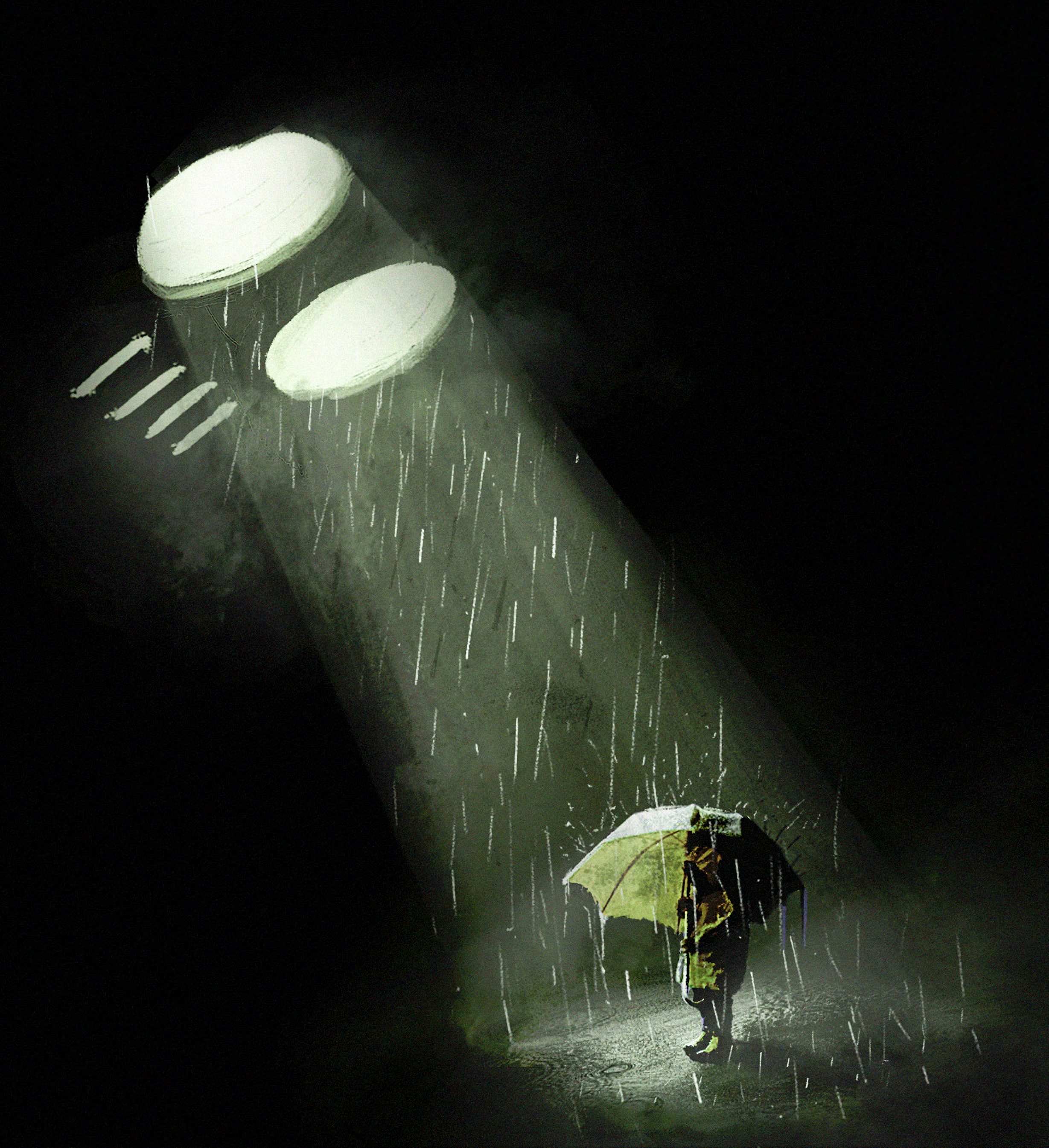 silhouette, ray, umbrella, light, art, shine, rain QHD