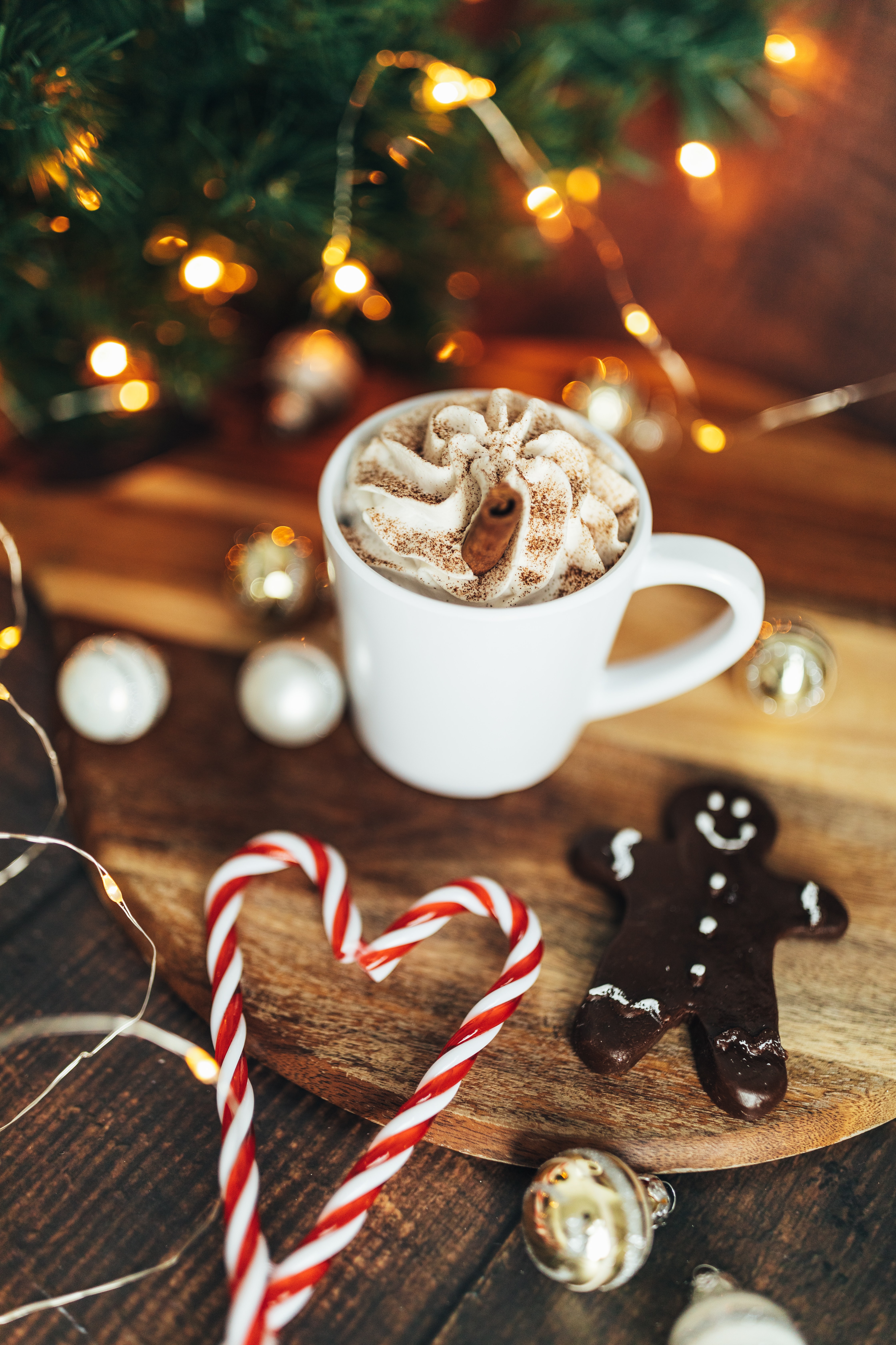 new year, holidays, cup, christmas, drink, beverage, mug, gingerbread, candy sticks, caramel sticks 1080p