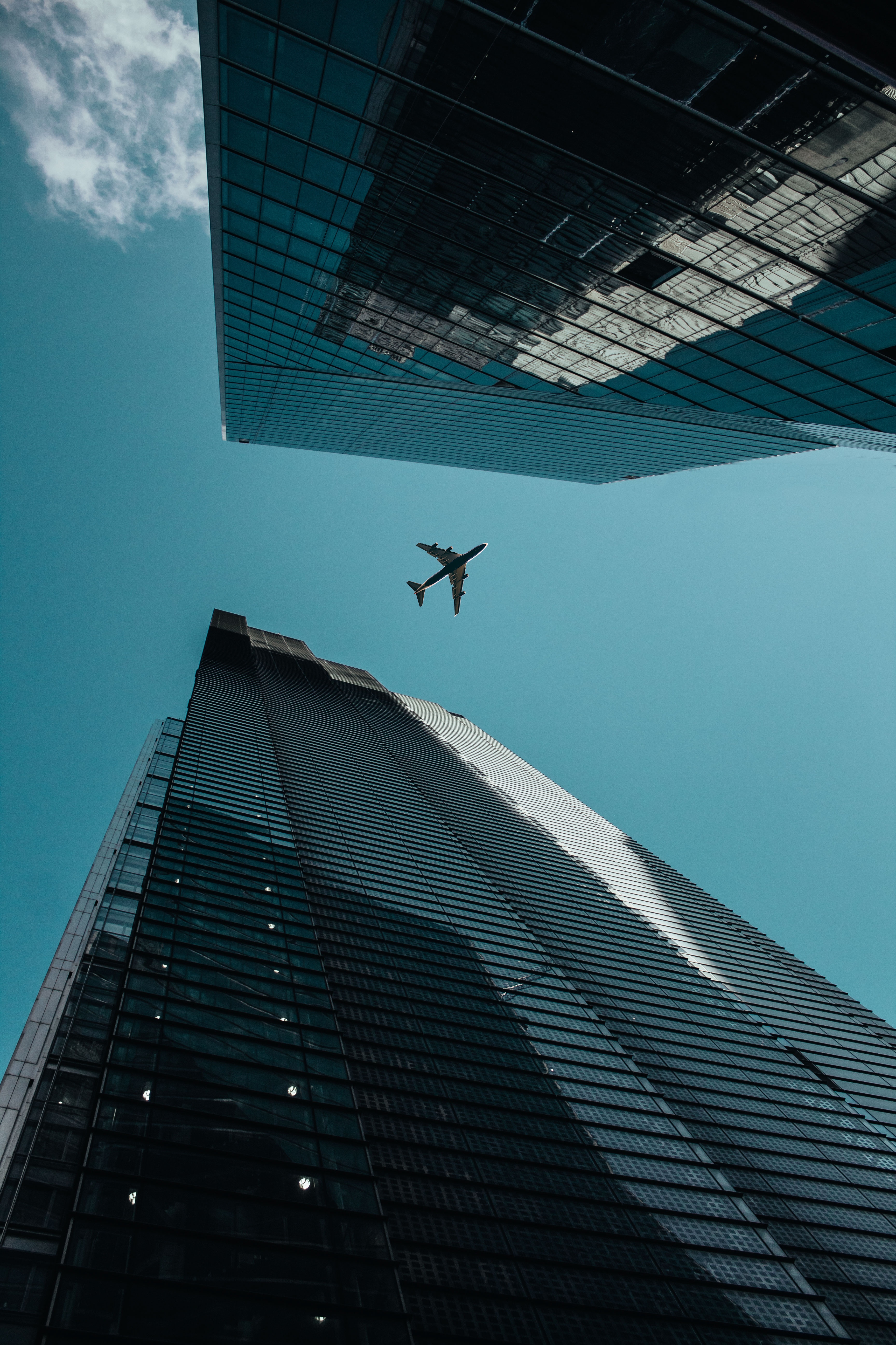 plane, architecture, building, minimalism, skyscrapers, airplane, bottom view 4K Ultra