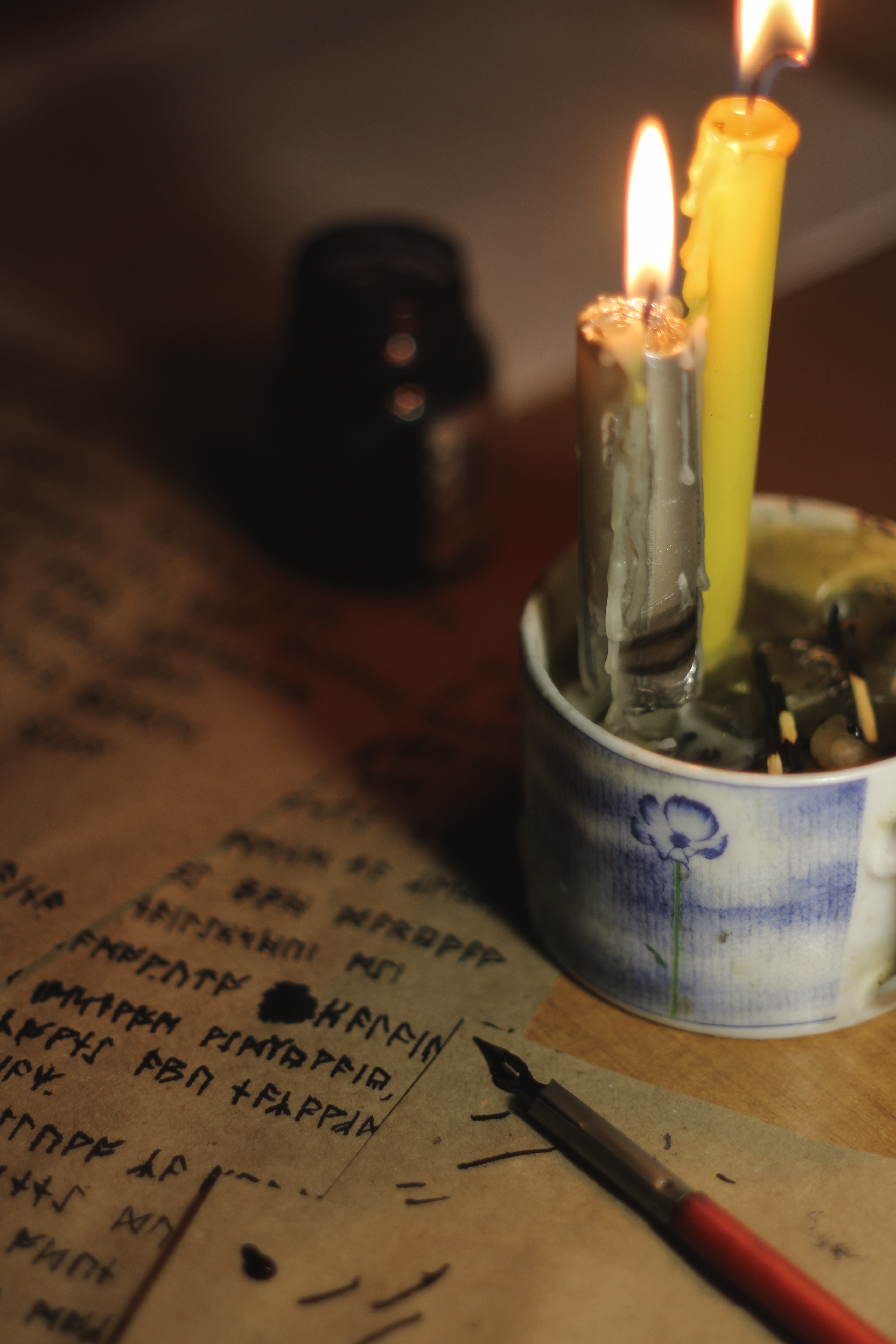 runes, candle, feather, miscellanea, miscellaneous, paper, ink, pen