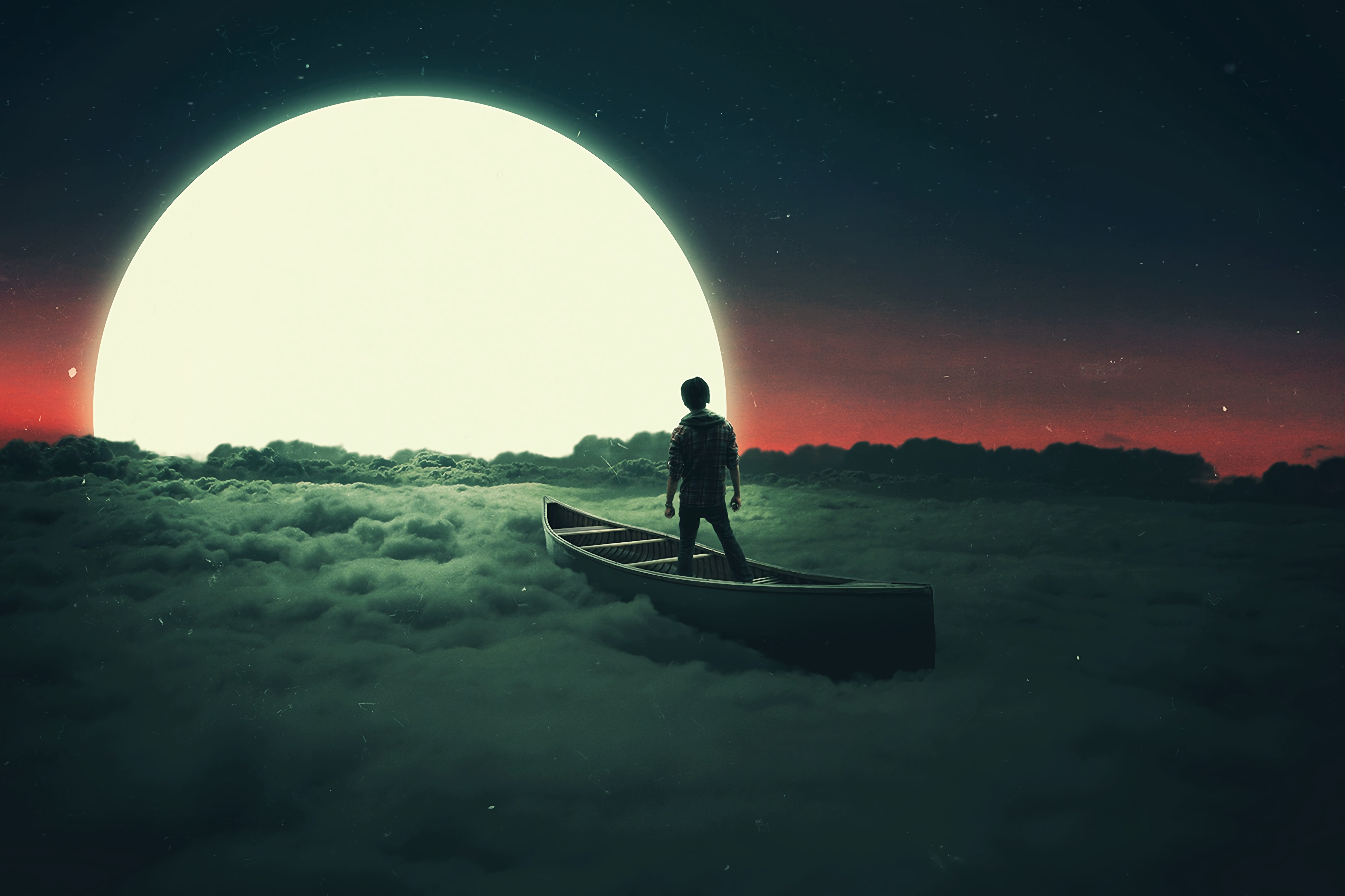 moon, silhouette, loneliness, miscellanea, miscellaneous, boat, lonely, surrealism HD wallpaper