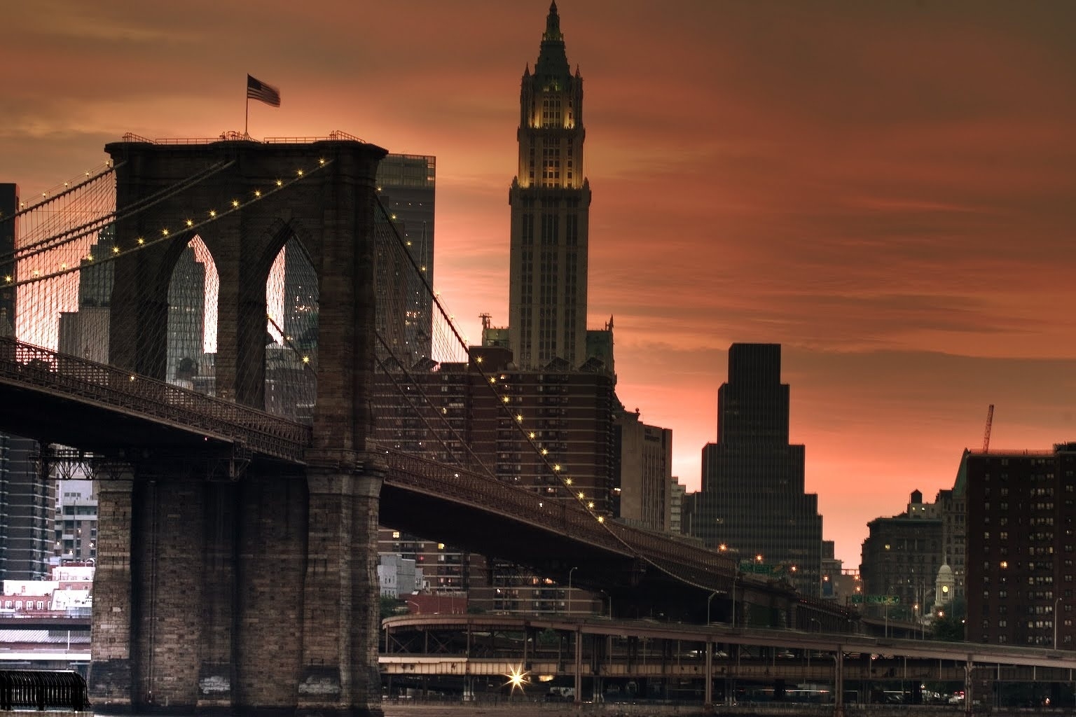 Laden Sie das Licht, Städte, Sunset, Wolkenkratzer, Scheinen, Brücke, New York-Bild kostenlos auf Ihren PC-Desktop herunter