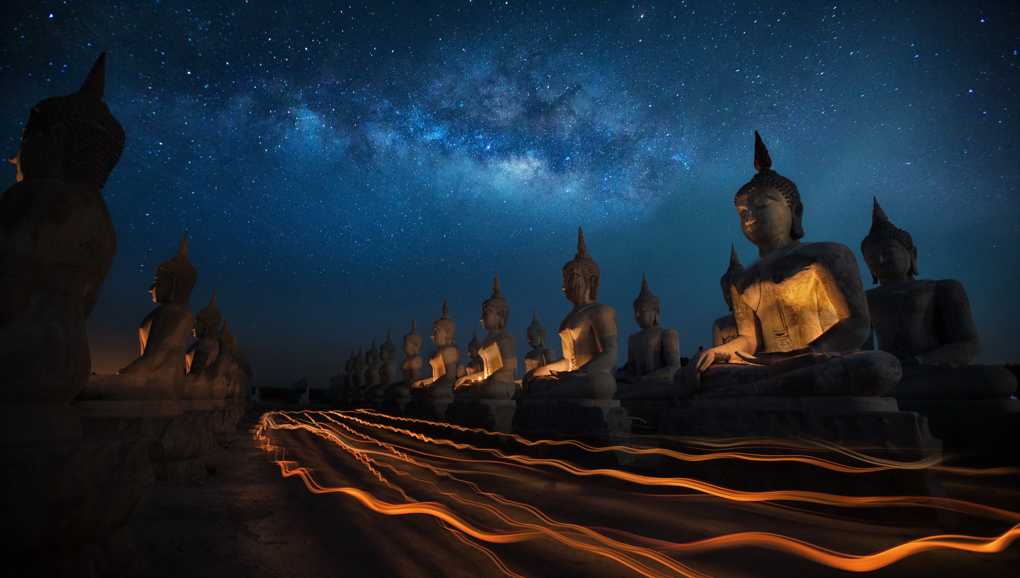 night, milky way, thailand, statue, buddha, time lapse, religious, starry sky 1080p