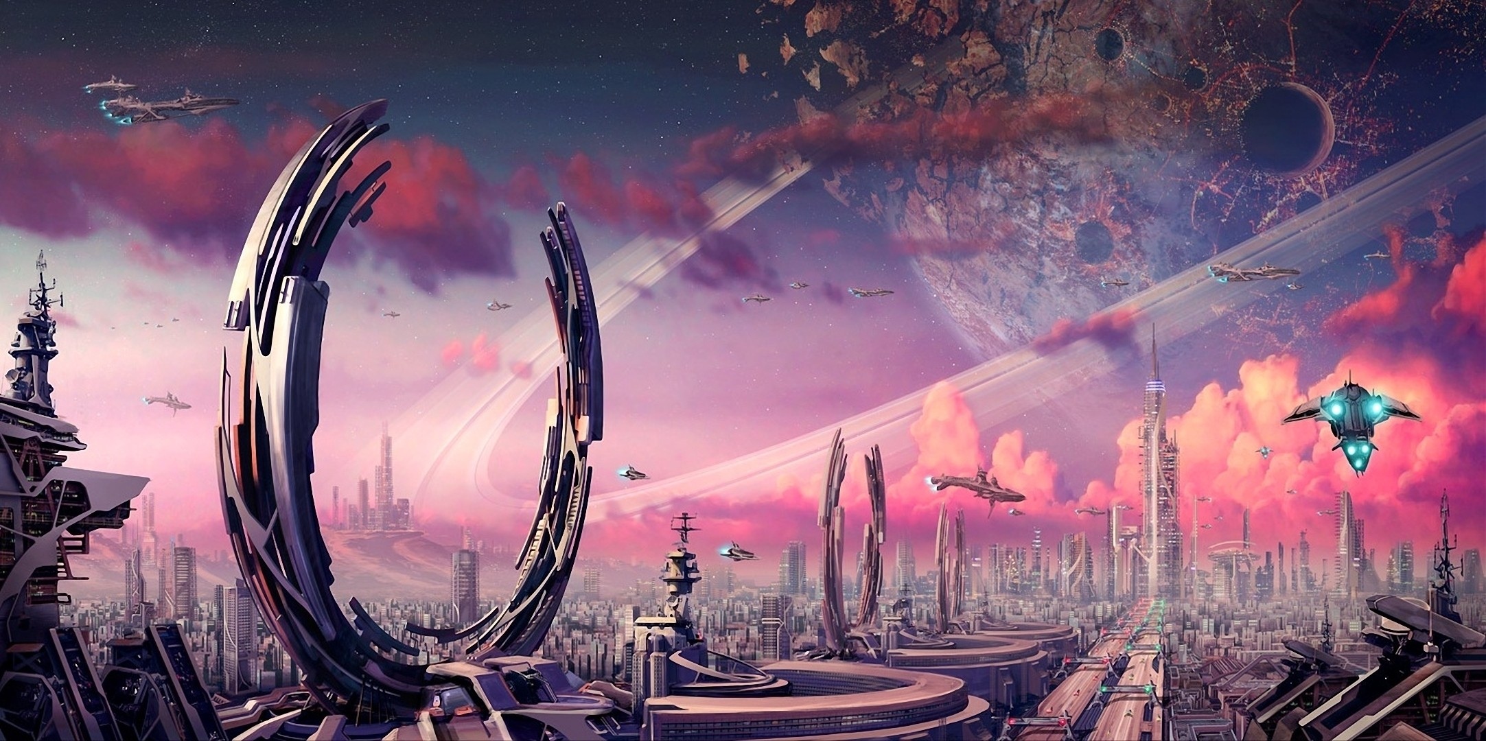 that's incredible, fiction, transport, fantasy, ships, rings, city, planet, crater, constructions, facilities