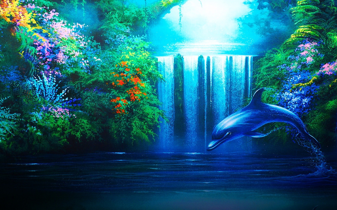 HD desktop wallpaper: Waterfall, Animal, Dolphin download free picture  #1439911