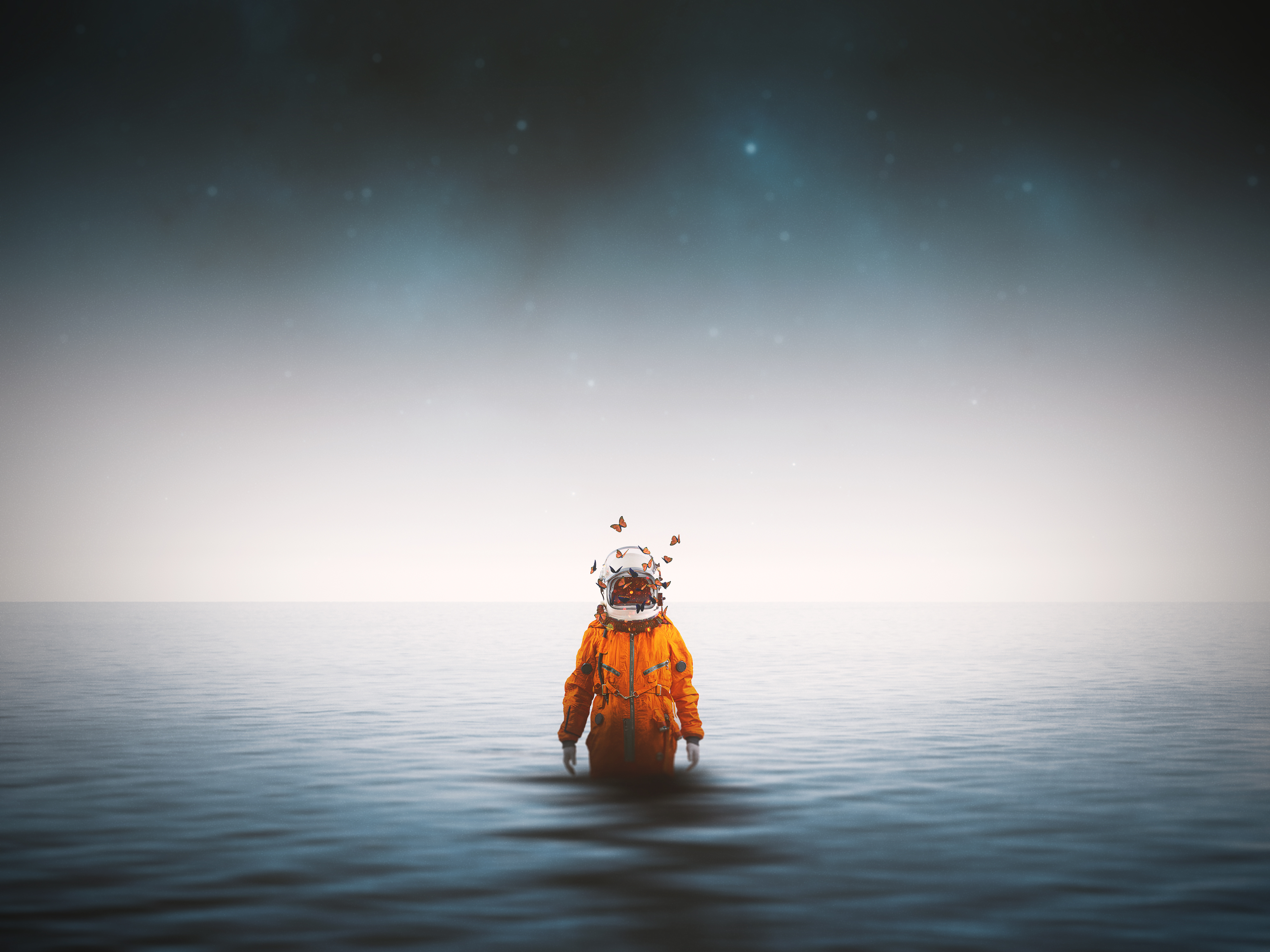 cosmonaut, space suit, universe, butterflies, sea, horizon, spacesuit, surrealism 1080p