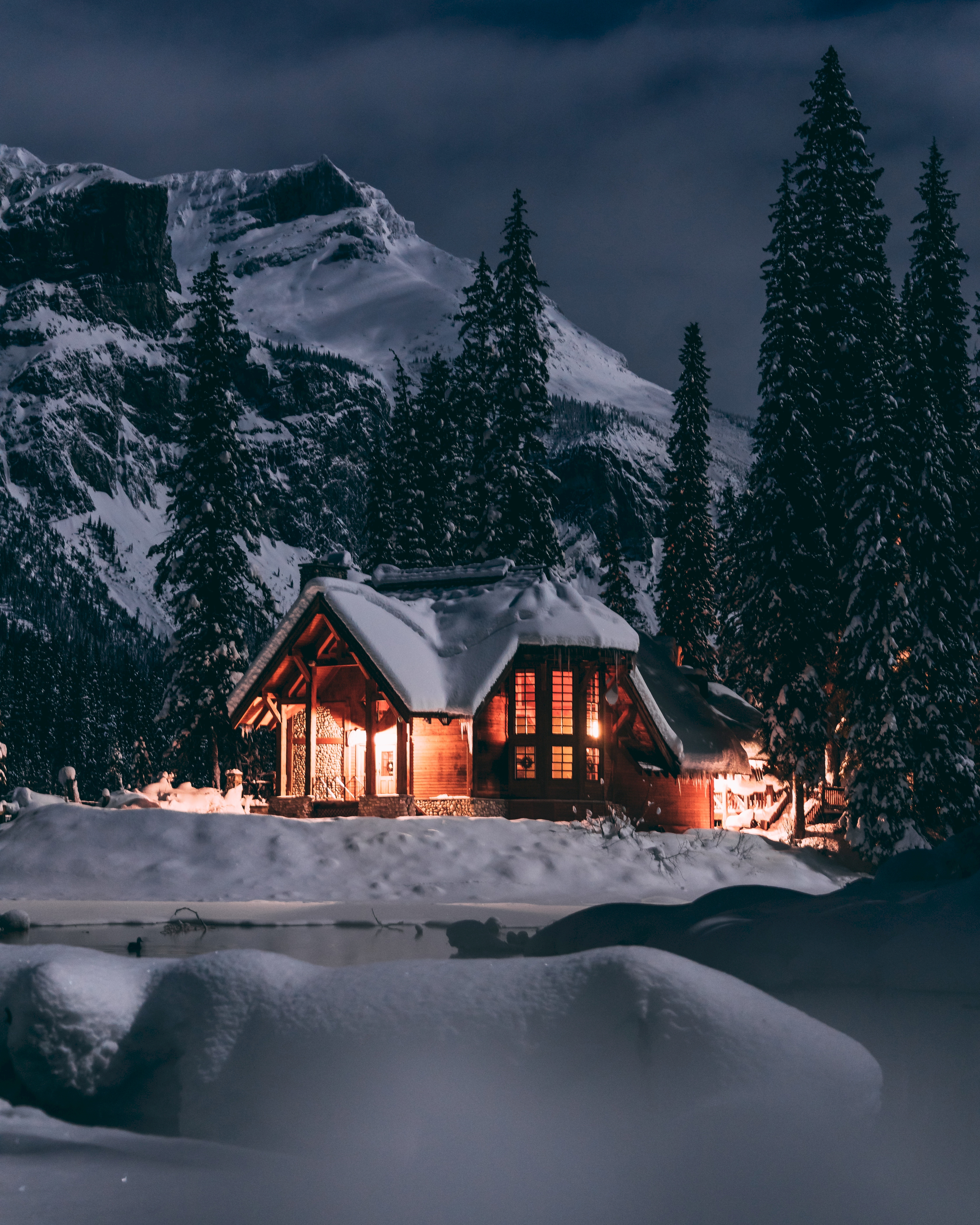 snow, winter, nature, trees, small house, lodge, evening UHD
