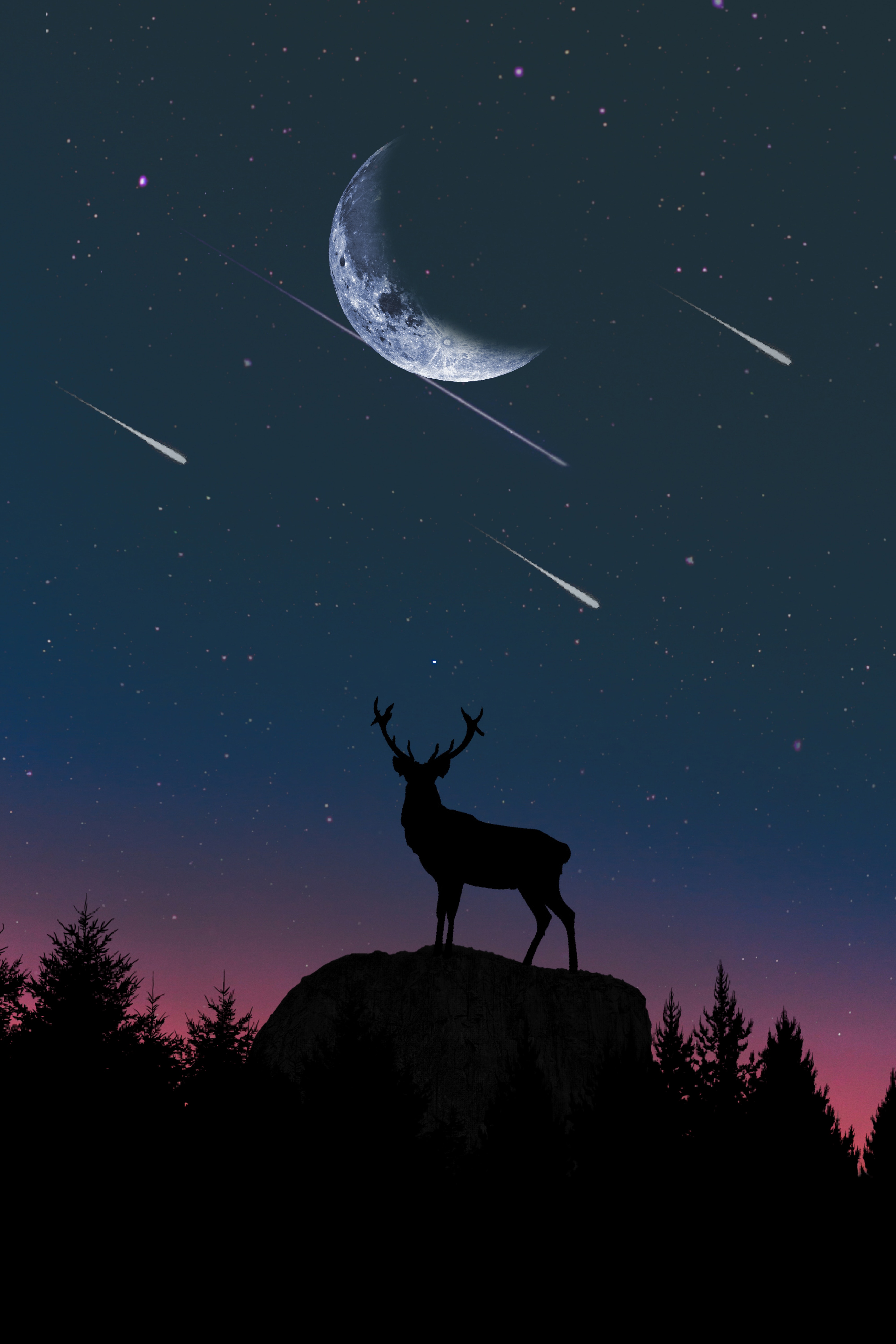 hill, deer, twilight, moon, vector, silhouette, dusk 8K