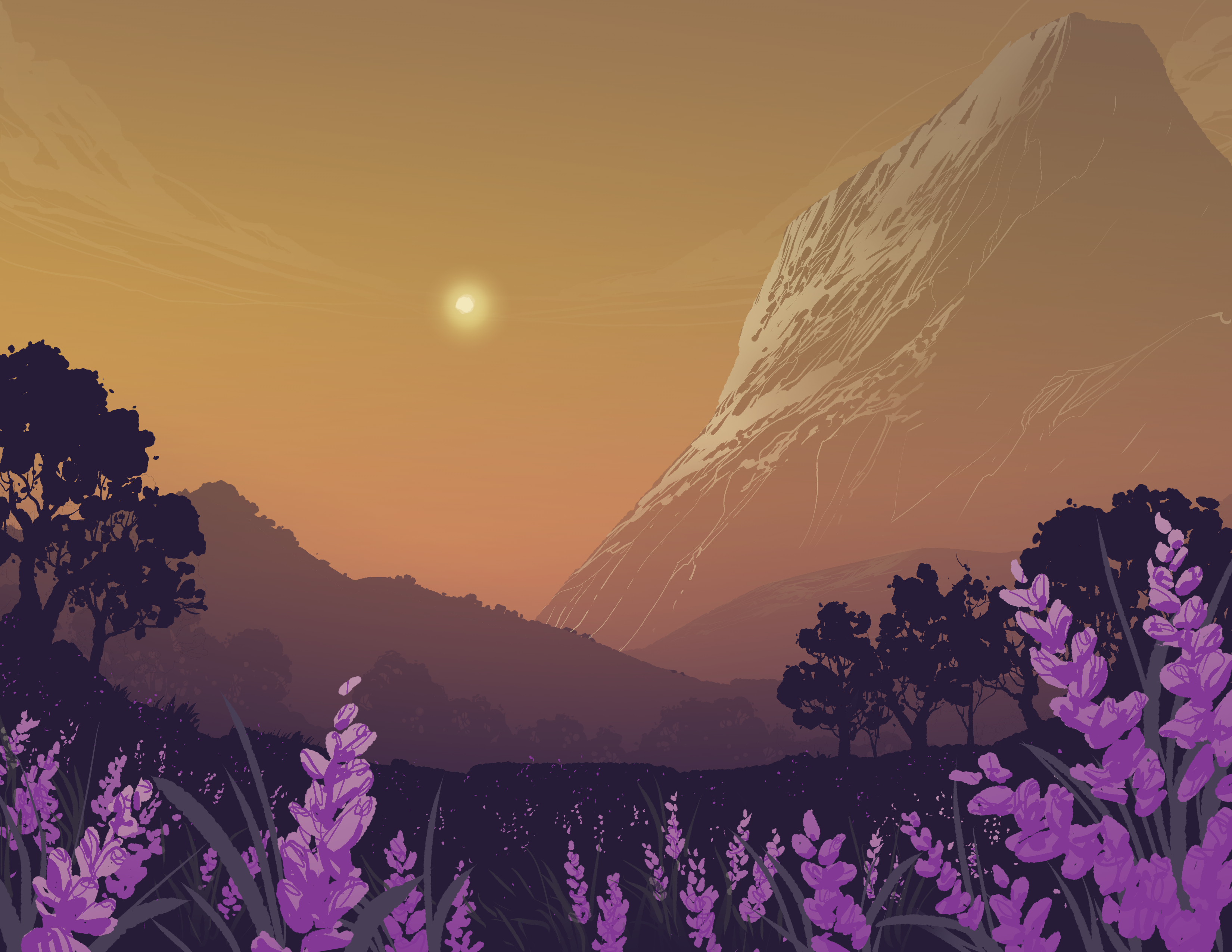 52727 download wallpaper art, flowers, mountains, vector, landscape, trees, sun, lavender screensavers and pictures for free