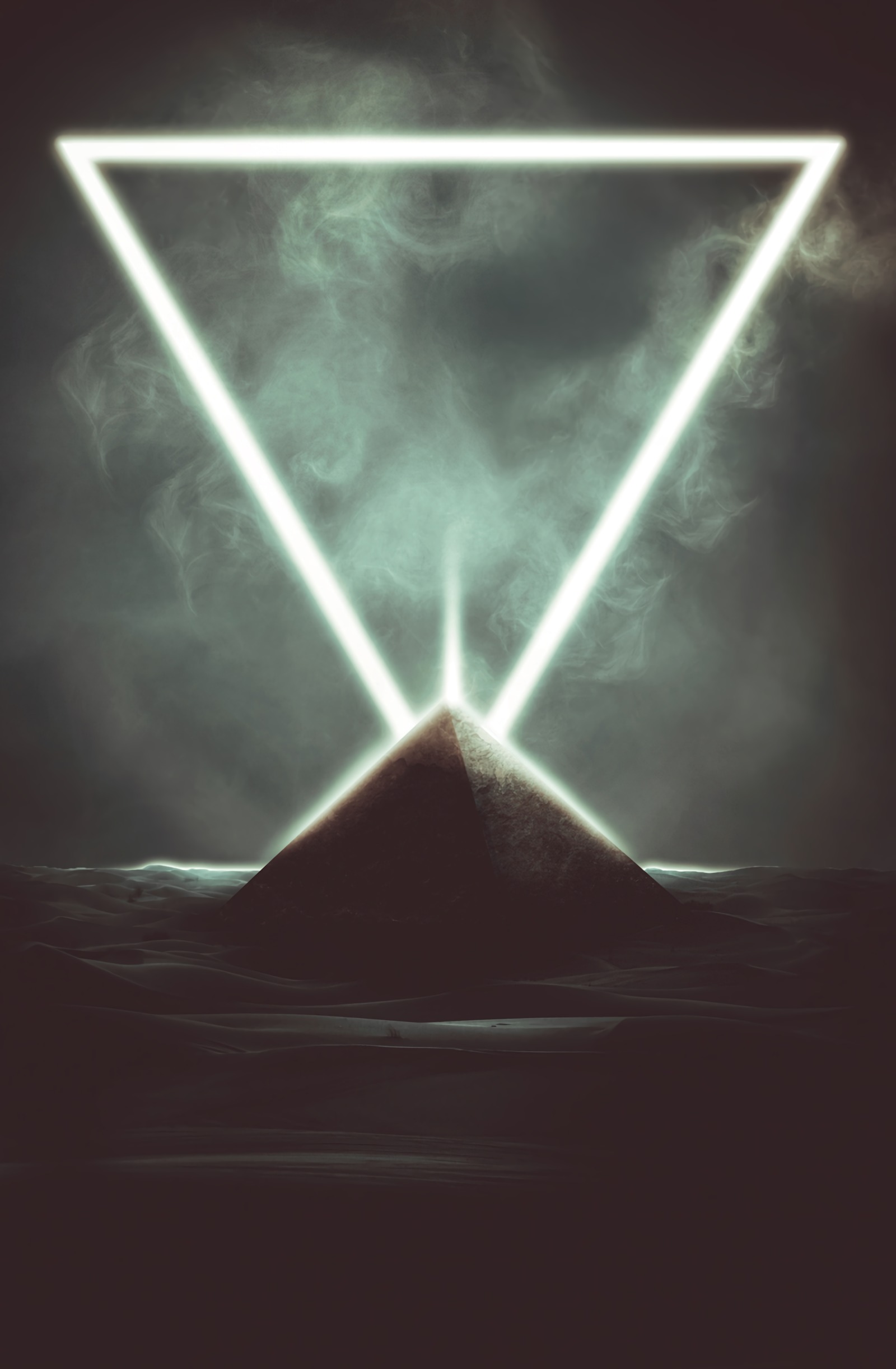 art, pyramid, smoke, dark, glow, triangle