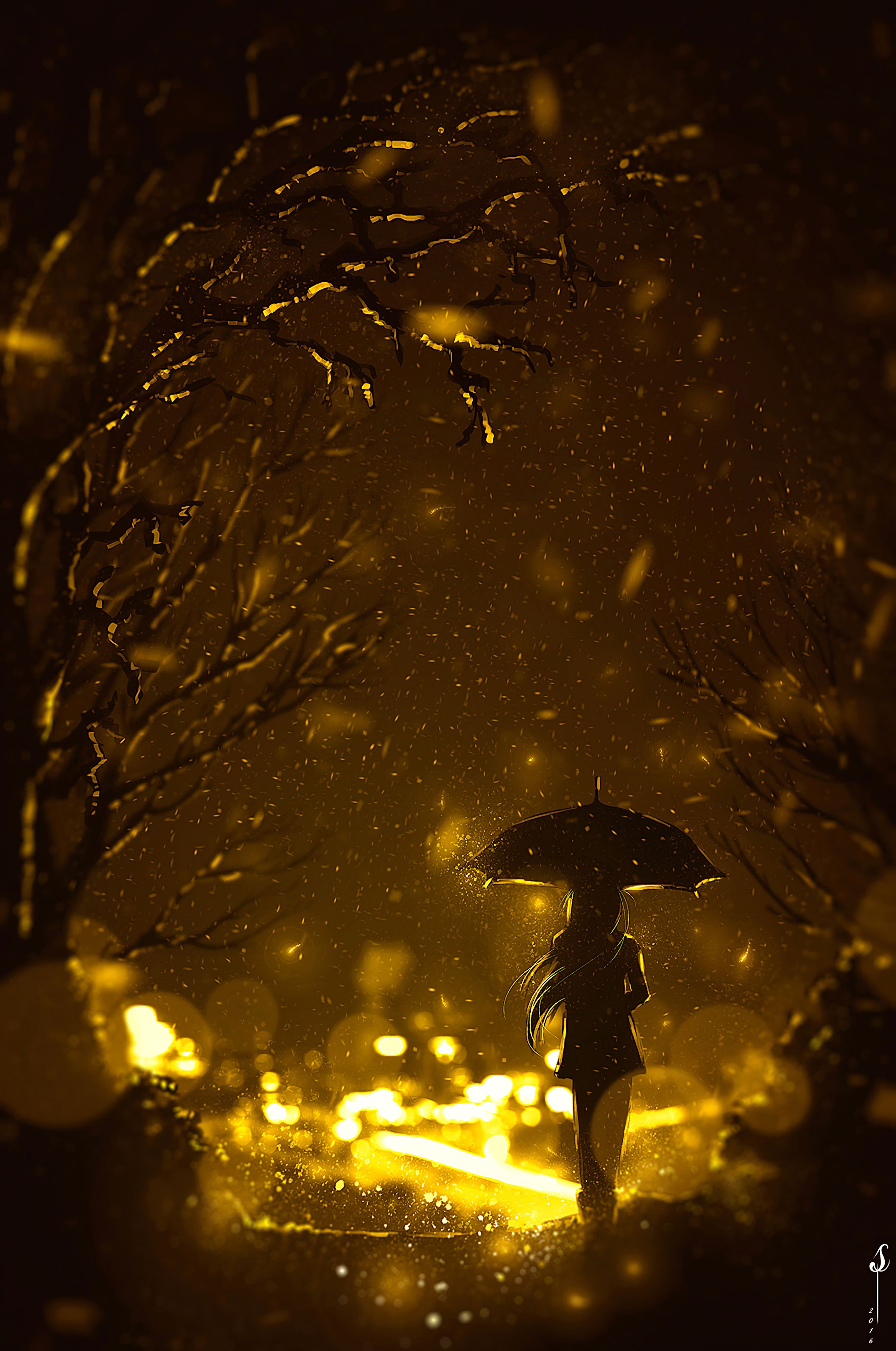 android art, loneliness, night, silhouette, umbrella